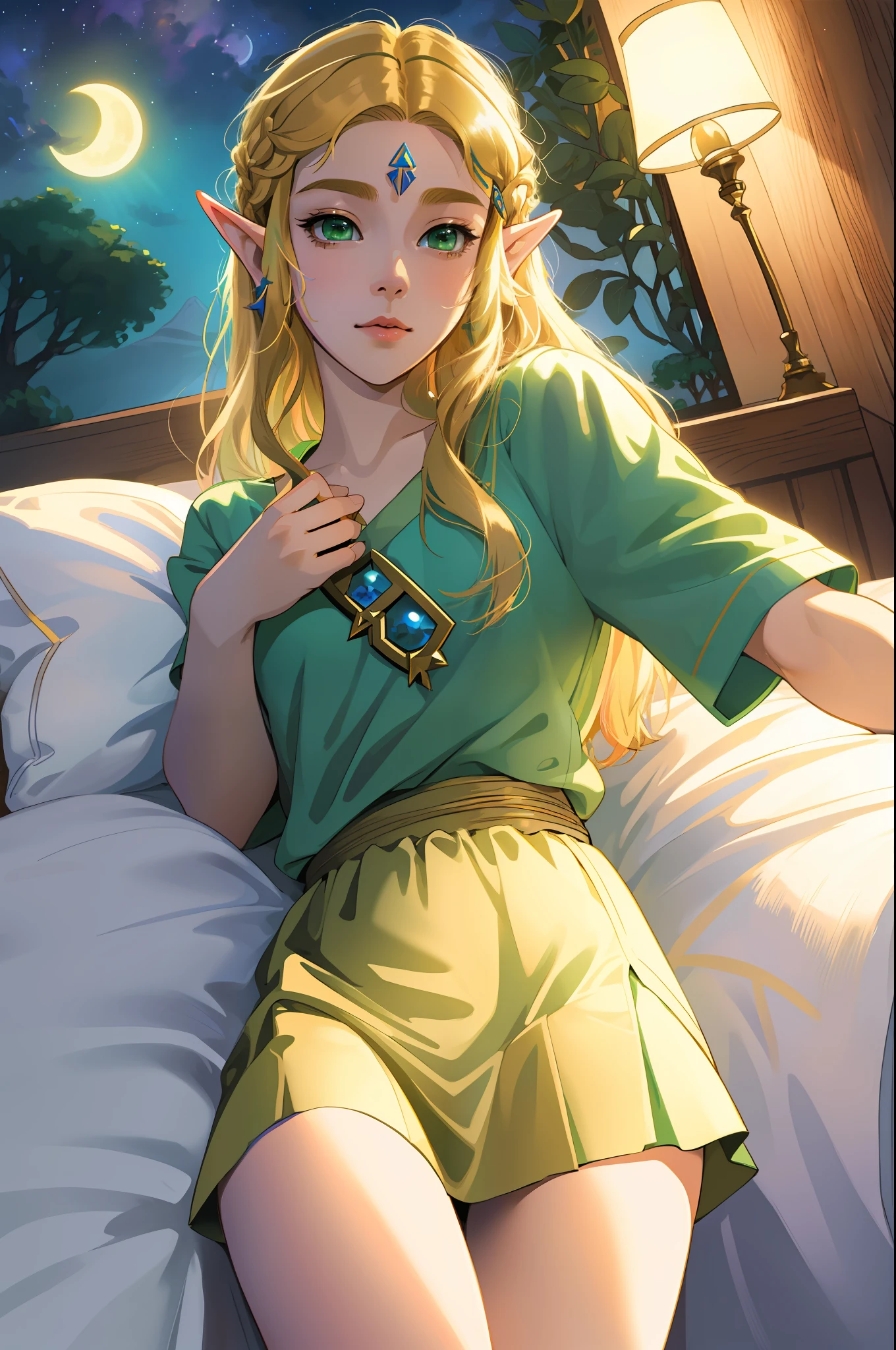 Zelda ((masterpiece)), (illustration), ((best quality)), rainbow color, high resolution illustration, Amazing, highres, intricate detail, extremely detailed CG unity 8k wallpaper ((zelda)), small breast, naked, Long blonde hair, infatuation, (green eyes), NSFW, moonlight, night, lying in bed, sexy short skirt, no panties
