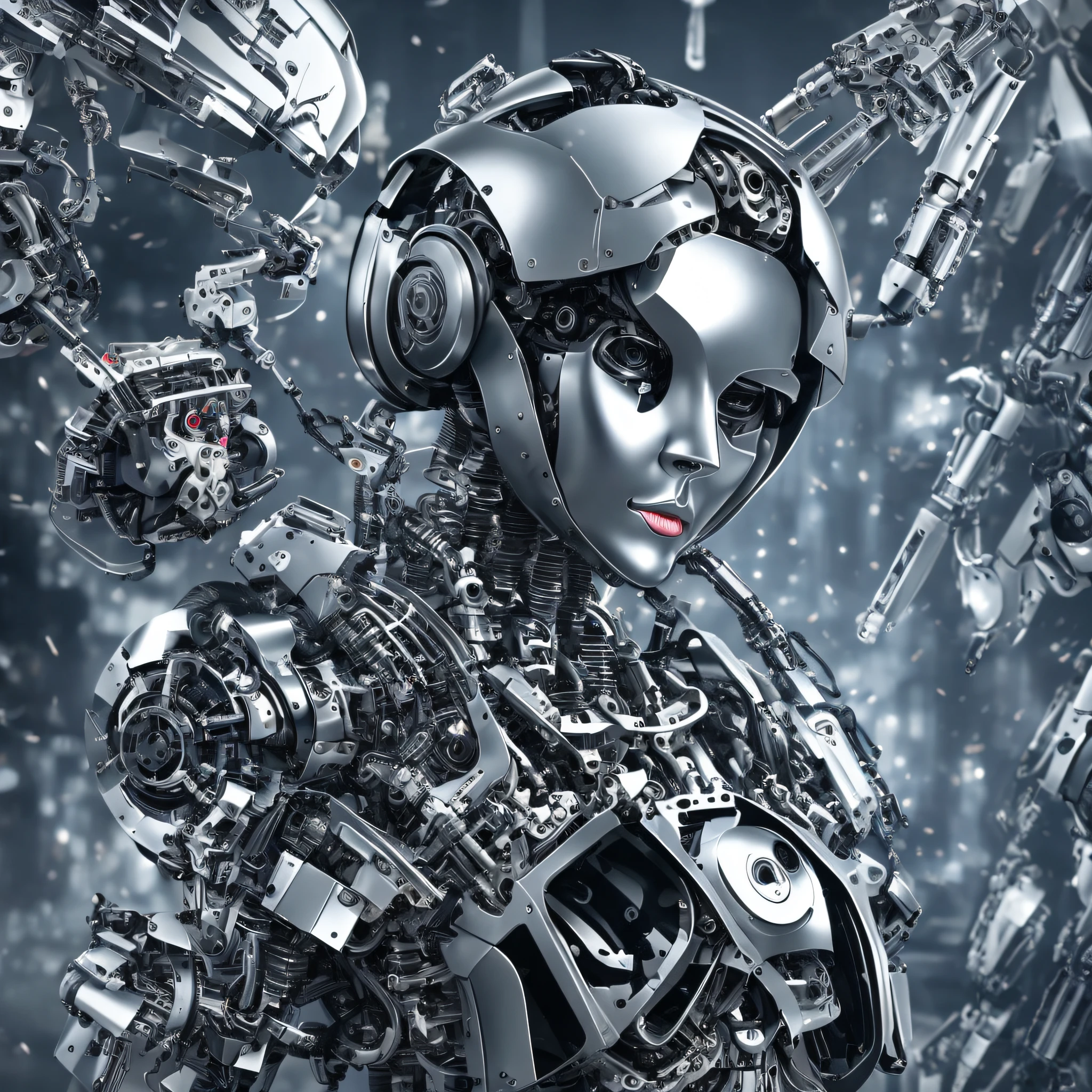 Beautiful young woman in black trench coat, half-human, half-robot face, ((1 robot, 1 robot, mechanical ribs, mechanical spine))|monotonous metallic, metal without color, robot without color, robot girl, metal mixture, cyborg girl), looking at the audience, facing forward, fighting stance --auto --s2