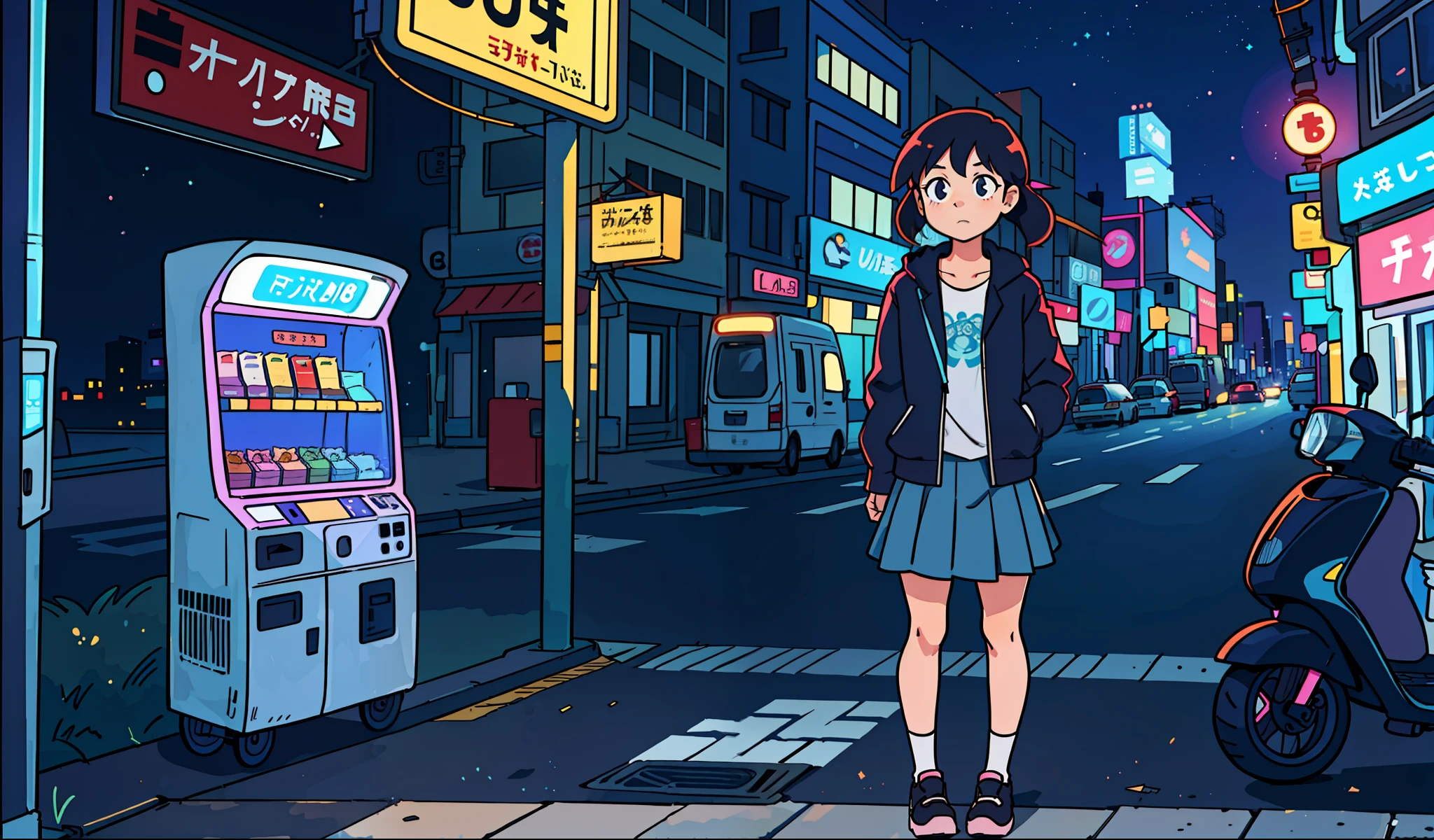 girl in her 20s, city background, vending machine (scooter), night, 80s,
(Best Quality: 0.8), (Best Quality: 0.8), Perfect Anime Illustration, Dark Unclear Face, Glowing Eyes