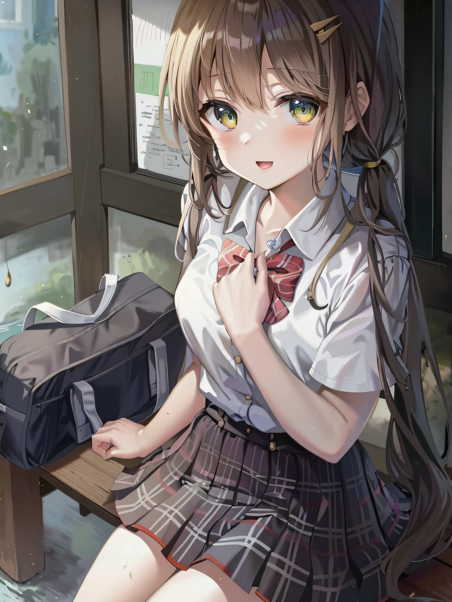 Beautiful anime girl sitting on a bench, carrying a bag and backpack, through surreal vision, showing the unique charm of cute, young, real and unreal, wantonly swimming in the world of anime girls, the details are vivid, more colorful, expressing an anime girl scene full of beauty and possibilities.