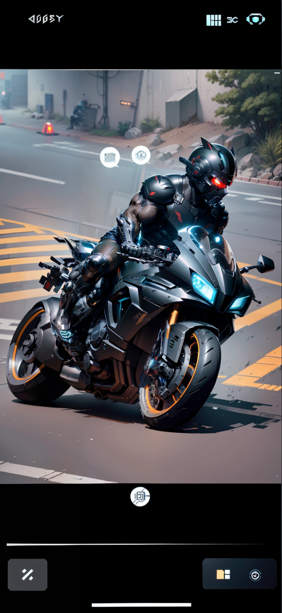 Cyber Muscle Man Warrior and Cyber Mechanical Motorcycle, Full Body Mech and Cyber Helmet on Head, Exquisite Black Tech Helmet, Nousr, Biomechanics, MSHN Robot Man, High Tech Helmet, Hyperreal, Steel, Intricate Design, Crazy Detail, Fine Detail, Extremely Clear Lines, Cinematic Lighting, Photo Realistic, Detailed Masterpiece