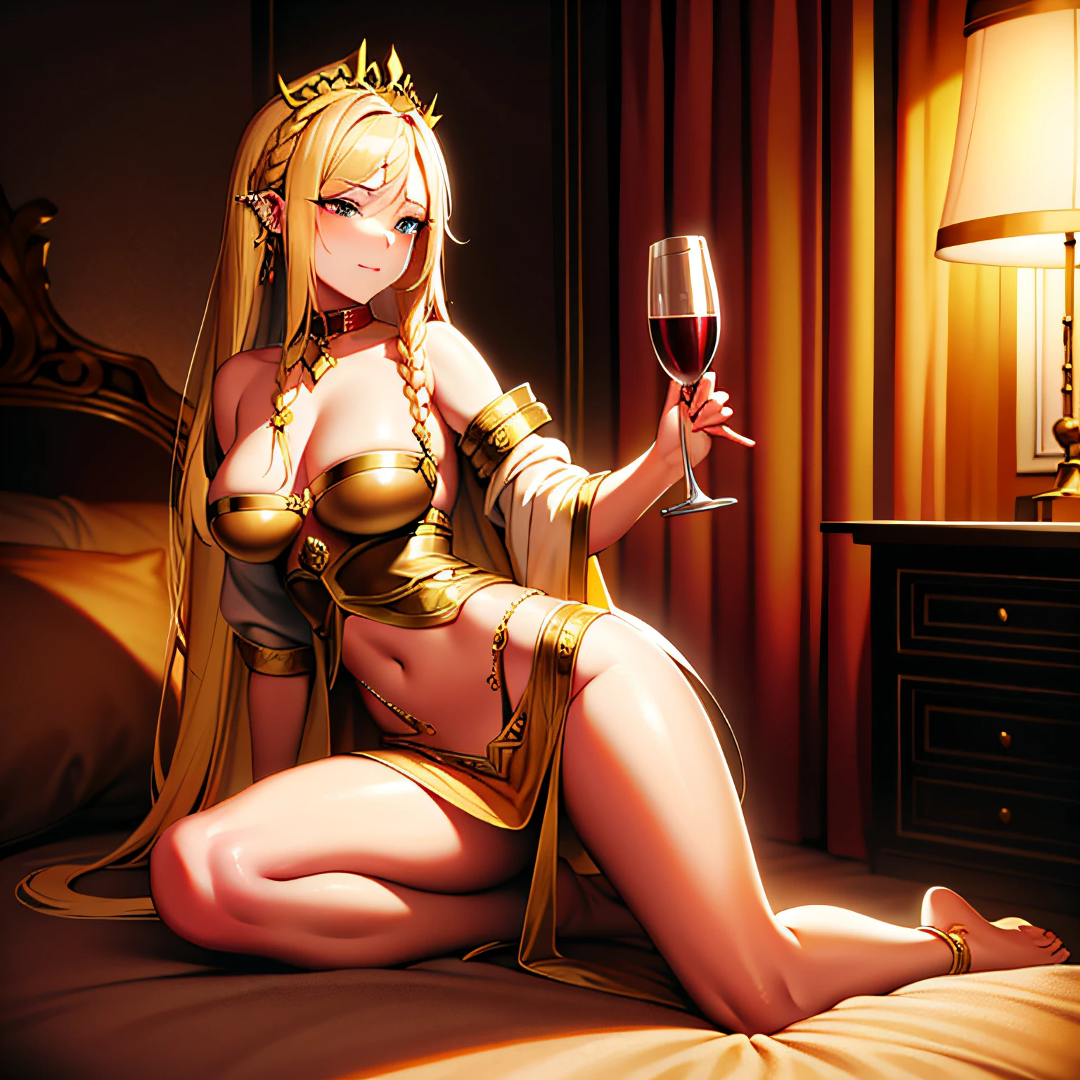a blonde slave girl with long braided hair kneels beside the bed holding a goblet of wine, gold collar, silk harem clothes, pierced ears, slave brand on hip, bedroom eyes, aroused