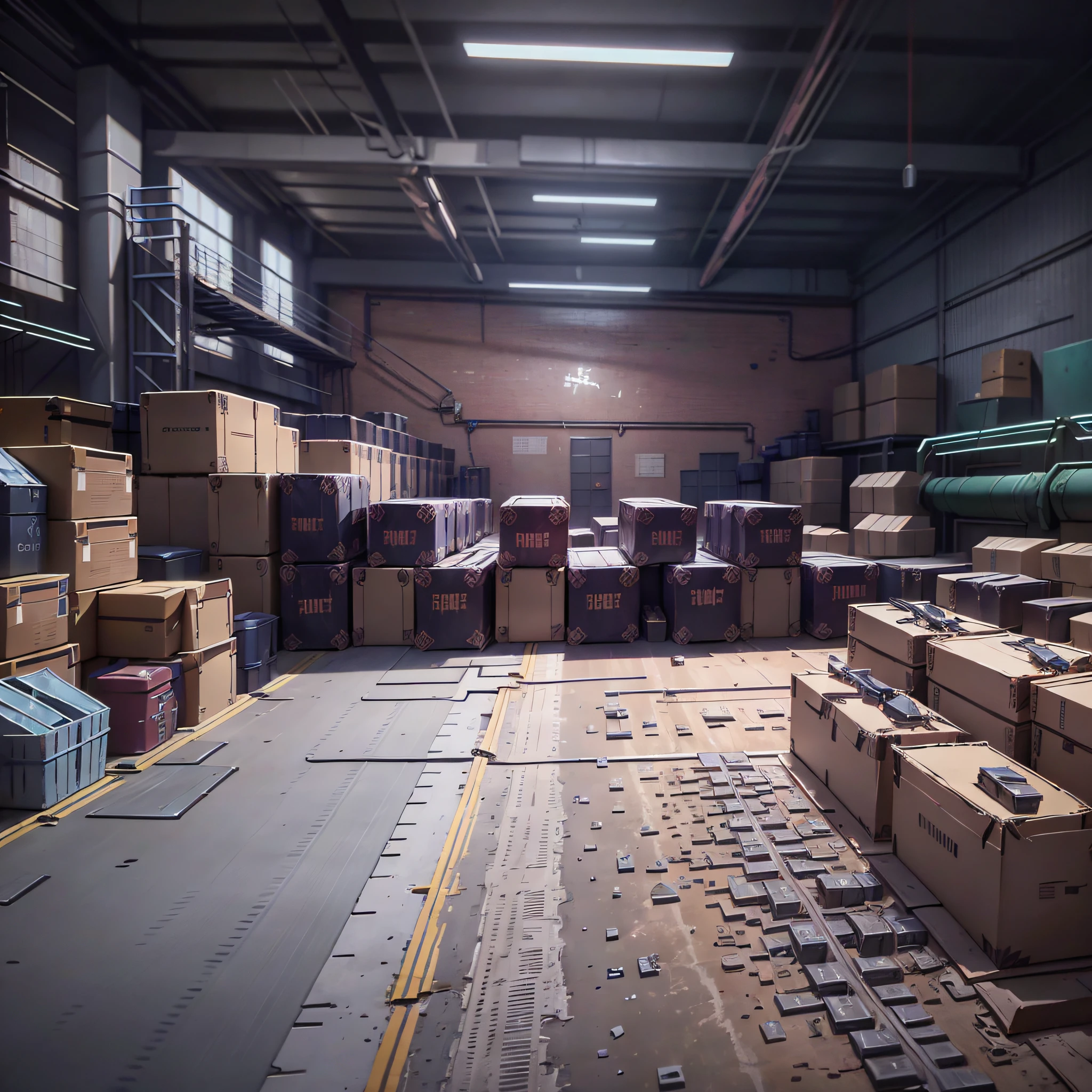 Inside the factory has boxes, factory background, interior lights, no sunlight, Overwatch building, [[empty warehouse]] background, interior background art, dark hangar background, weapon shop interior, random background scene, background art, secret shady lab, Overwatch design, EVA Unit-00 in the back, mirror edge art style, --auto --s2