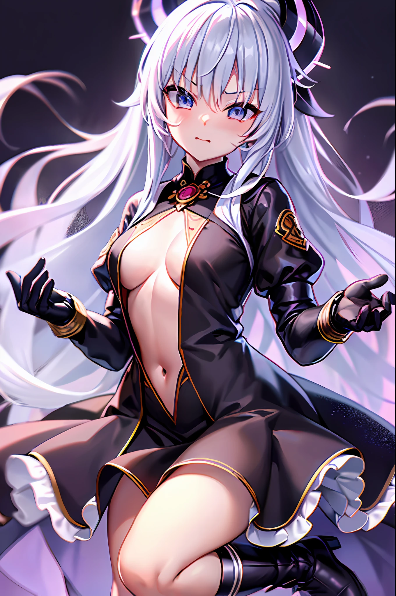 girls front, animation, very beautiful detailed anime face and eyes, realistic, full body, focus on eyes, beautiful detailed full body, petite girl, baby, long hair, messy hair, crying bangs, disheveled hair, ahoge, delicate face rain, baby face, nice big eyes, flat_chest, blue eyes, boots, black clothes, ground space, floating, divine light, absurd, Art book, highly detailed 8K wallpaper, very precise detail, Dutch angle, (laughter), big two cat ears, white hair, breasts are big, absolute area, skirt, left hand on chest, perfect ultimate invincible idol, embarrassed, goth loli, upper eyes, good style, big eyes, eyes are beautiful, high quality, 4k, white hair, idol, background is fantastic, front painting, portrait alone, Focus on the eyes, Upper eyes, Embarrassed, Shy, Eyes hanging eyes, Thighs, Pure white dress, Eight-headed, Angry, Cool, Stylish, Angle of pulling, Face slightly above the center of the screen, No pants, Skirt can be seen but not visible, Legs are plump, Navel is visible, One face, Ponytail, Norse mythology, Many ribbons, Hands behind, Eloy, harench, estrus