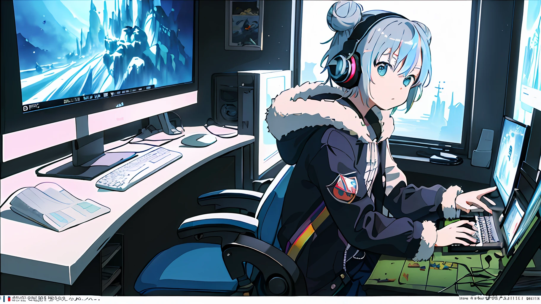 Masterpiece, Best Illustration, Solo, 1 Girl, Seated, Bun, Keyboard \ (Computer \), Fur Decoration, Computer, Monitor, Hood, Jacket, Hood Down, Chair, Headphones, City, Double Bun, Instrument, Cyberpunk, A Small Wooden Toy, \((Intricate Details\)\), Color Details, Rainbow Color BREAK, \(\(Masterpiece Best Quality\)\), 4K, Hyperdetail, Detailed Lighting, \((Inspired by Hayao Miyazaki), Official Art, Propaganda Art, Composition,