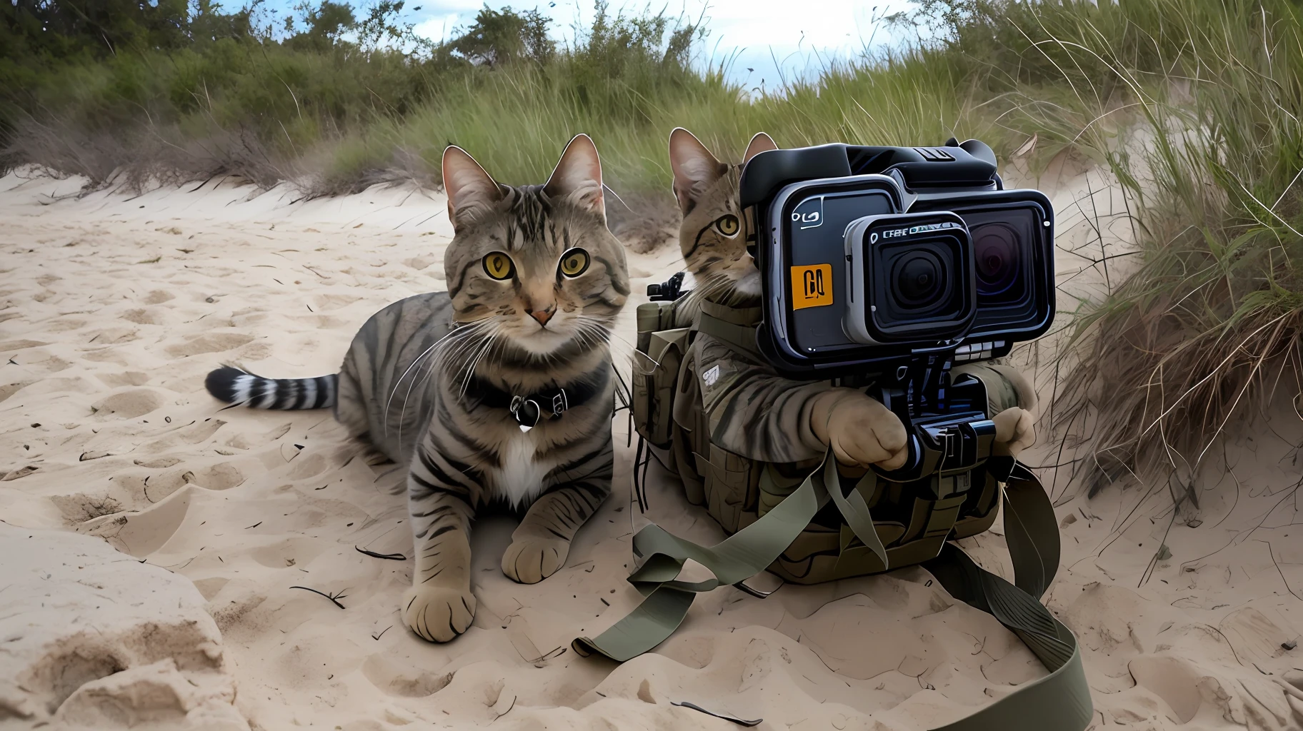GoPro footage of badass cat group, army style, camouflage vest, beach, looking at camera, soft volume light, left margin