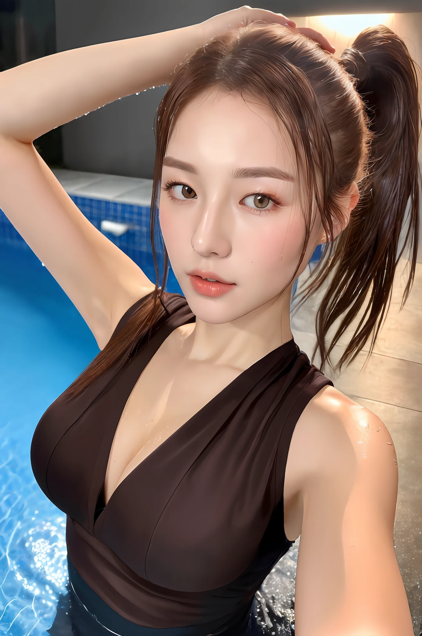 ((Best quality, 8k, Masterpiece :1.3)), 1girl, Pretty woman with emphasizing slender abs :1.3, (Dark brown hair, Ponytail, Huge breasts :1.2), Wet body:1.2, Pool, Ultra-detailed face, Detailed eyes, Double eyelid