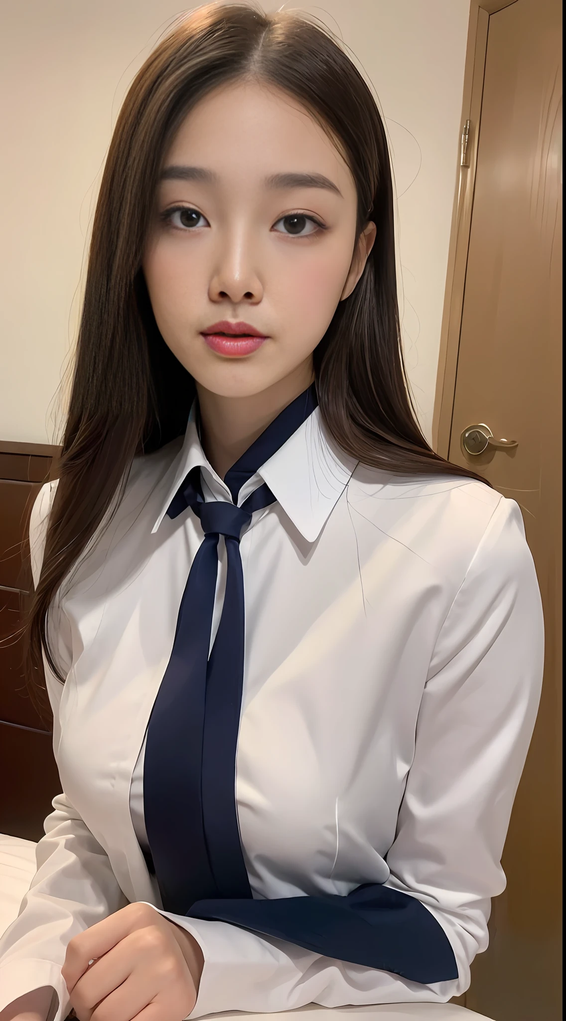 ((Night view, realistic light, best quality, 8k, masterpiece: 1.3)), 1 girl, slender beautiful woman: 1.4, (brown hair, huge breasts: 1.45), bed, super detailed face, detailed eyes, double eyelids, asian woman posing for photo pink skirt and white shirt, japanese girl school uniform, loose collar sailor uniform, sakimichan, amazing student uniform, white Japanese costume, ulzzang, wearing Japanese school uniform, Stylish white tights suit, beautiful, charming, beautiful to the extreme, close-up of the face