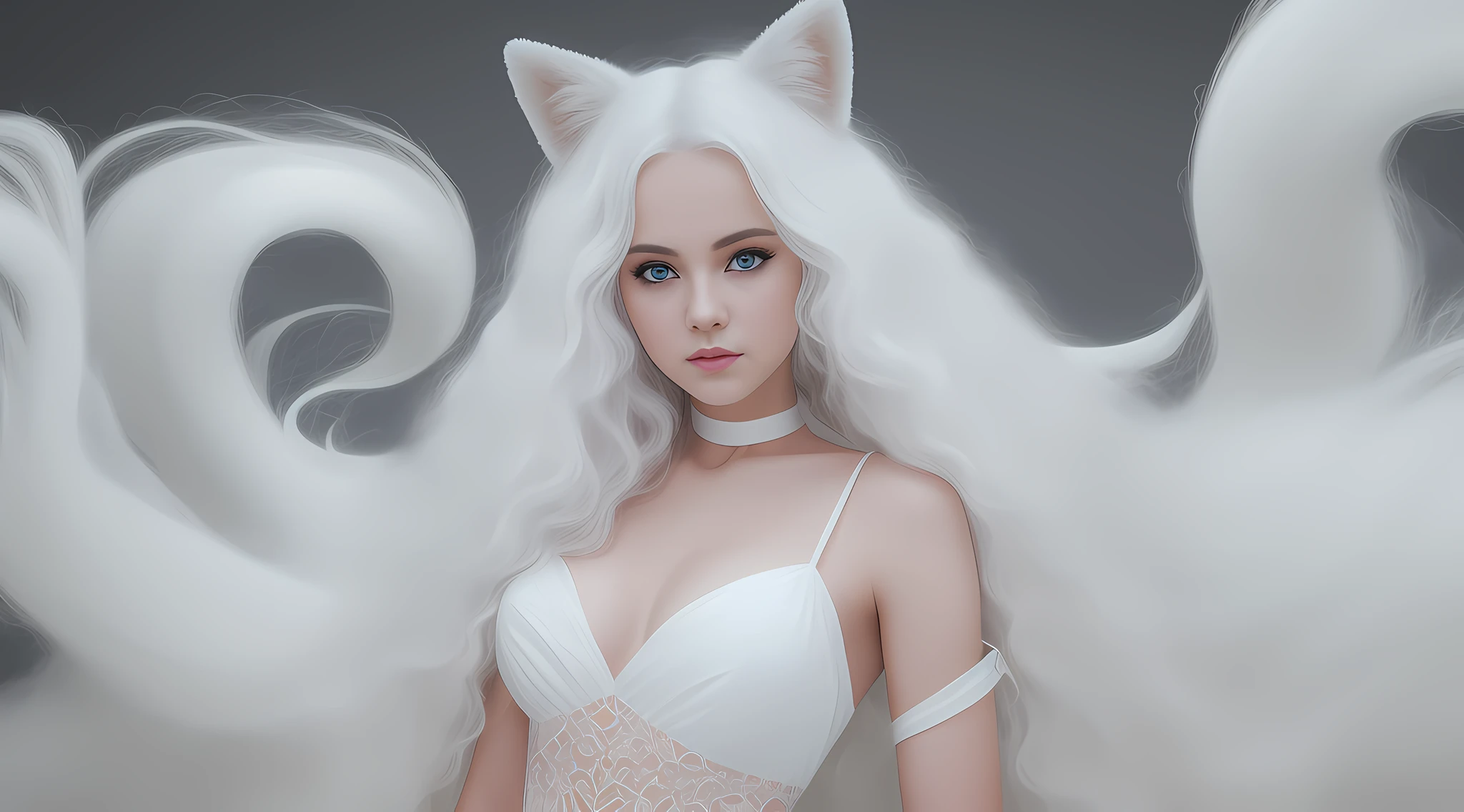 Women with ,golden curly hair,Blue eyes,white fox ears,,white translucent long dress with thin straps