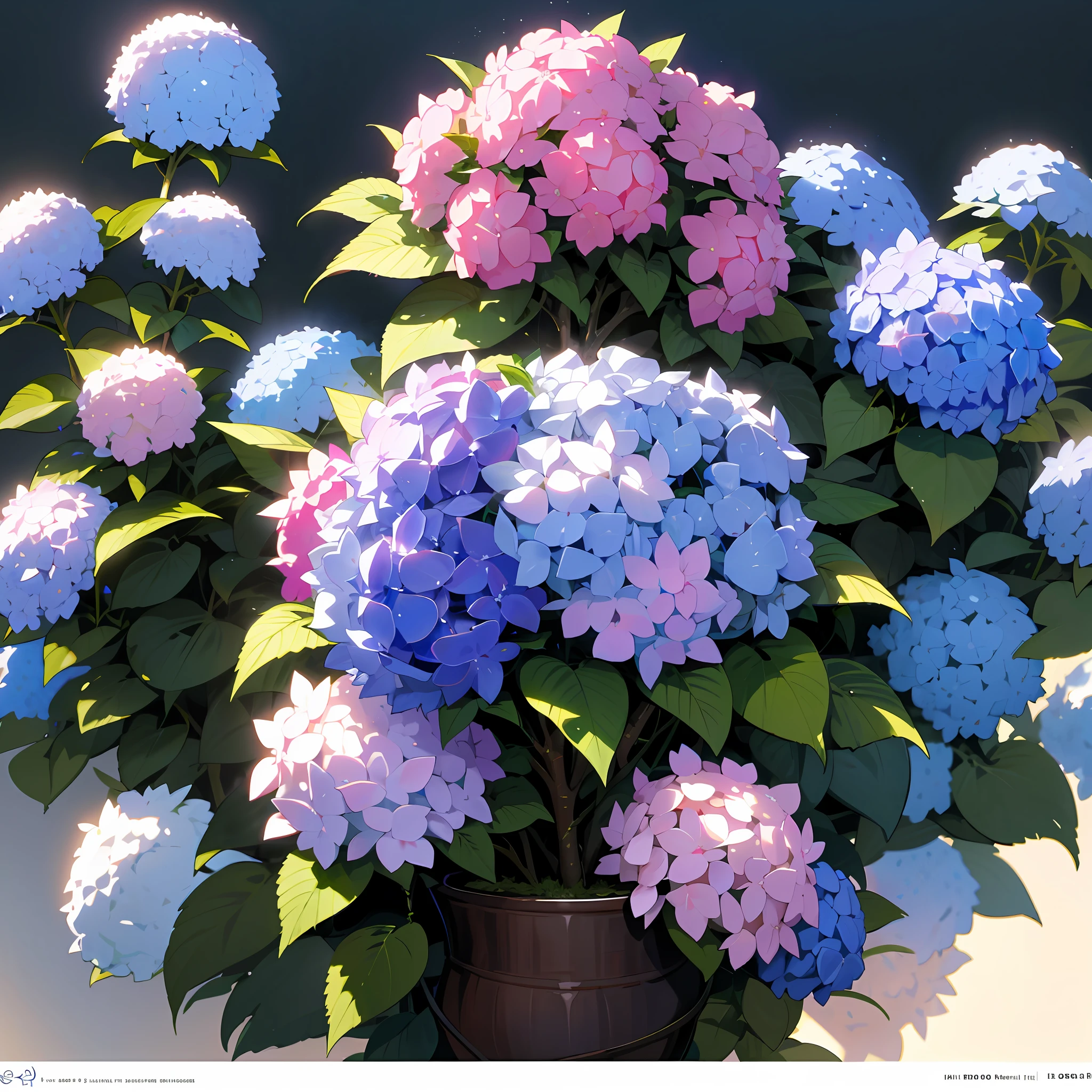 Hydrangeas, (Illustration: 1.0), Epic Composition, Natural Light, HD Details, Masterpiece, Best Quality, (Very Detailed CG Unified 8k Wallpaper)