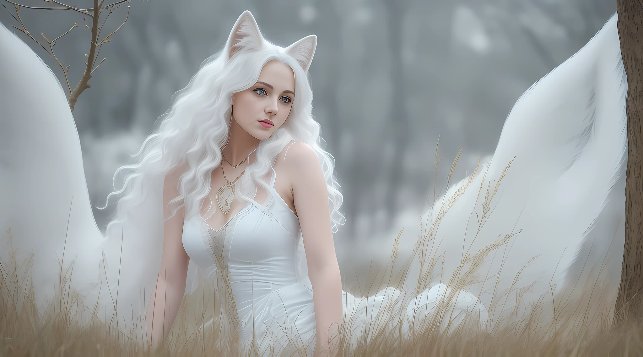 Women with ,golden curly hair,Blue eyes,white fox ears,,white translucent long dress with thin straps