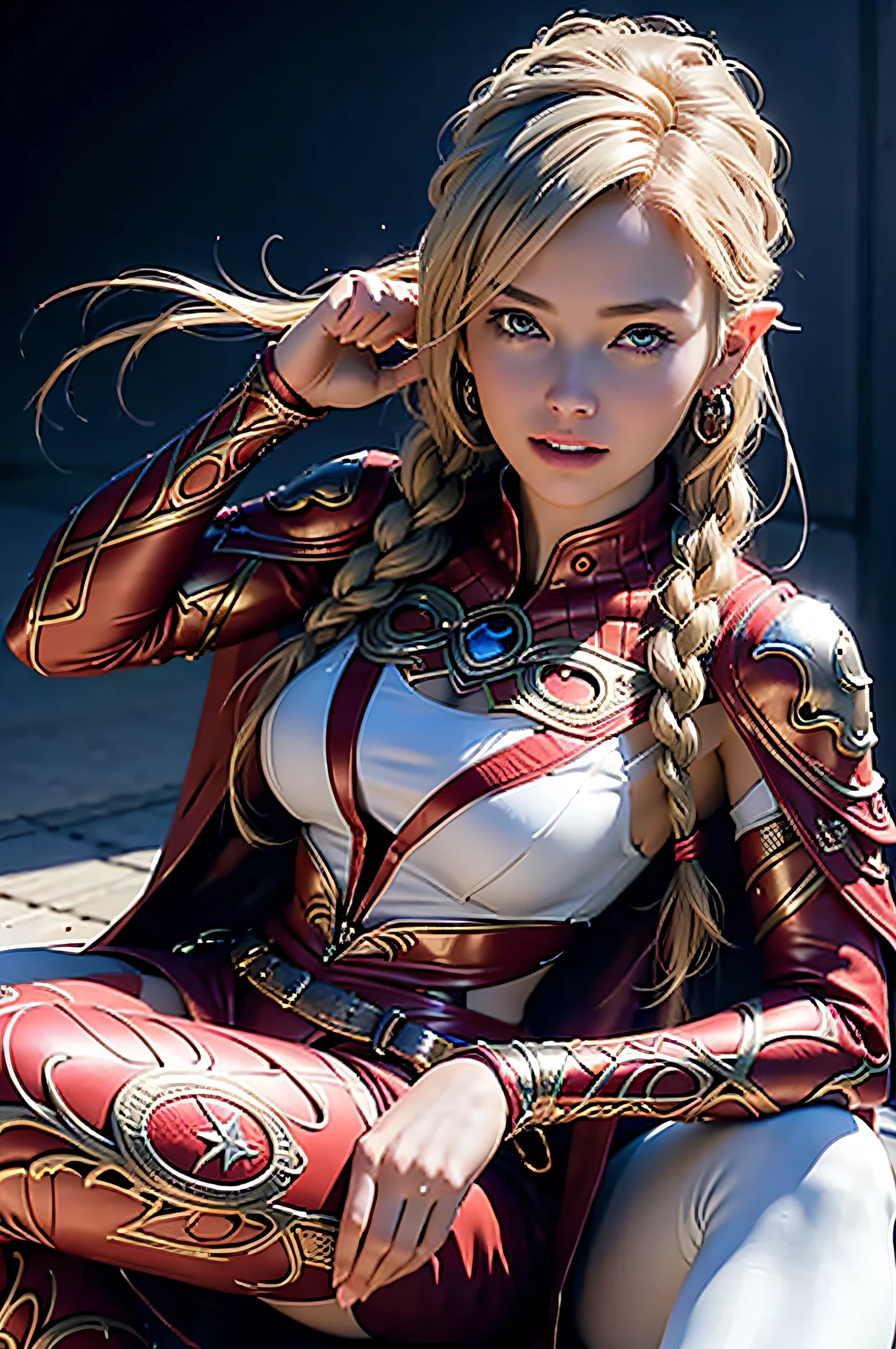 (Photorealistic: 1.5), ultra-detailed complex 3D rendering of face, (big: 6.8), ultra-detailed beautiful (with complex 3d rendering), full body image (masterpiece, top quality, octane rendering, 8K), glamour shots, very beautiful young elves, cleavage, swimsuit, one, micro bikini, long braided blonde hair, blonde hair only, big breasts, Wearing intricate super armor in gold and white and red, ultra-realistic photo ((((portrait))), wearing an intricate red cape, wearing intricate white metal leggings on the legs, futuristic urban background, facial muscles, in the style of Marvel Comics, ArtStation trends, clear focus, studio photography, intricate detail, highly detailed, detailed eyes, illustration, very detailed, Sharp Focus, Digital Rendering, Professional