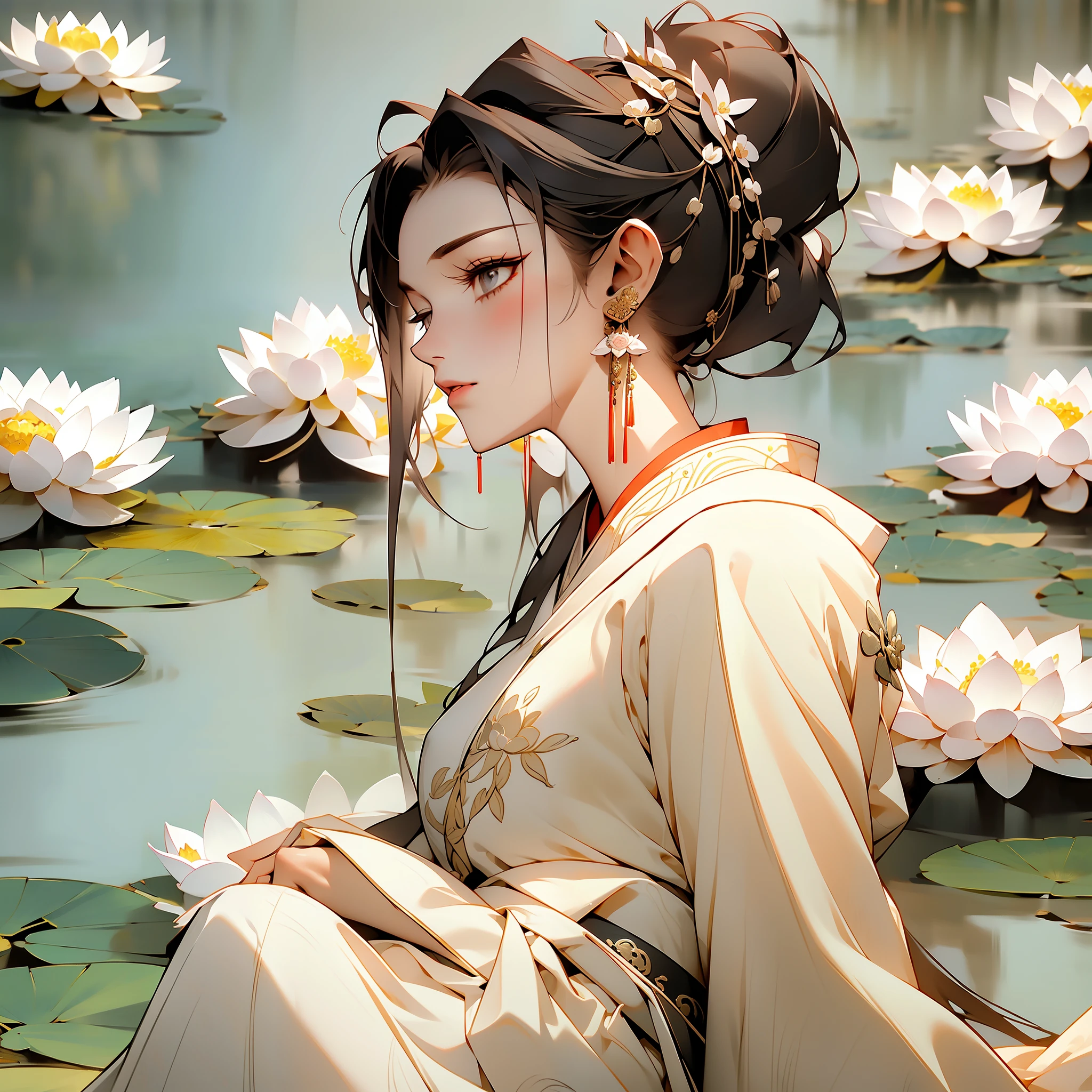 Woman in silk embroidered Hanfu, ponytail, textured details, textured skin, lotus pond background, (fans with budding lotus flowers, lotus flowers already in bloom), gray pupils, head jewelry, earrings, wind, 8k, masterpiece, best quality