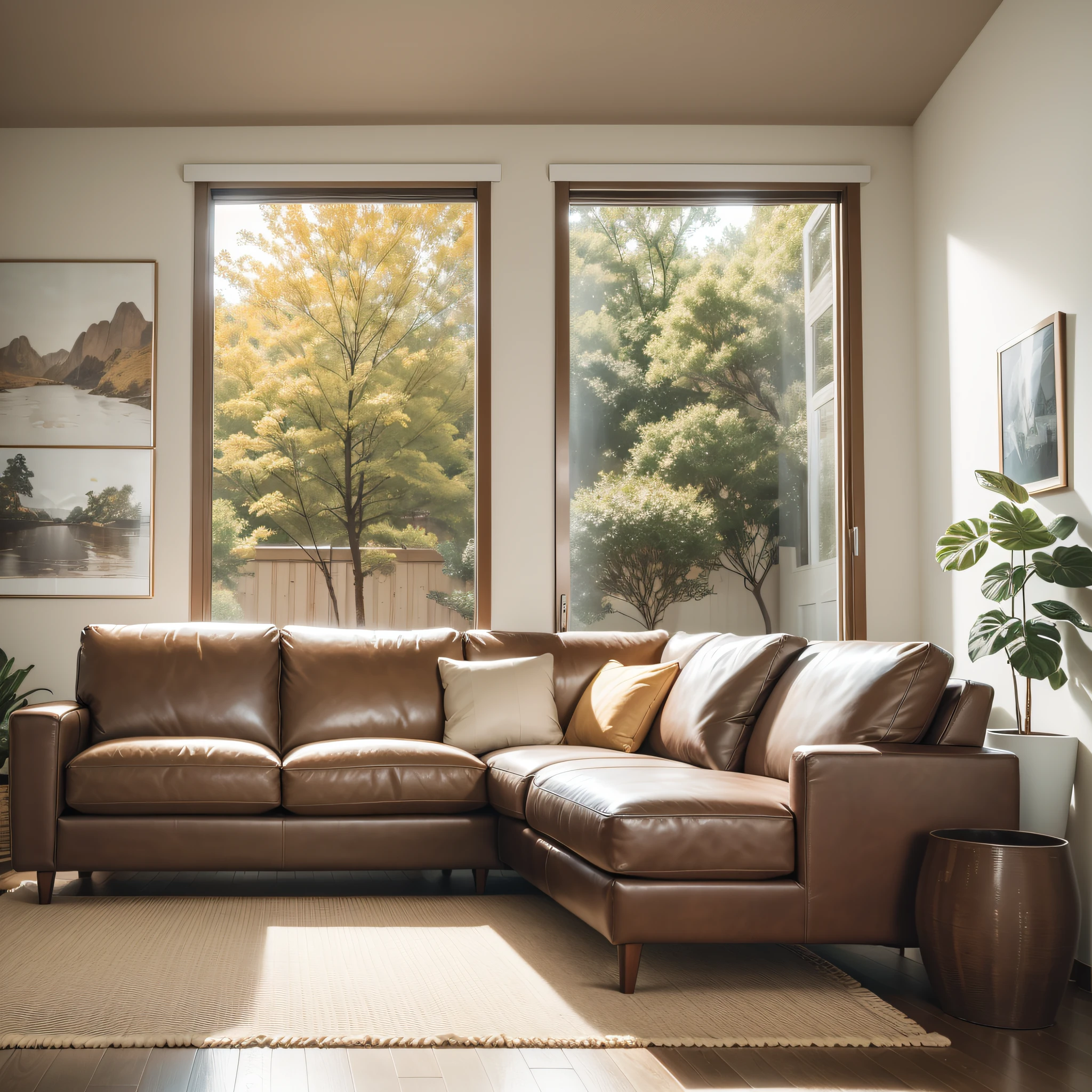 there is a couch and a table in a room with a large window, with backdrop of natural light, brown and white color scheme, living room, modern earthy neutral earthy, natural light in room, mixed art, leather couch, leather couches, beige color scheme, brown and cream color scheme, warm colored furniture, midcentury modern, white l shaped couch --auto --s2