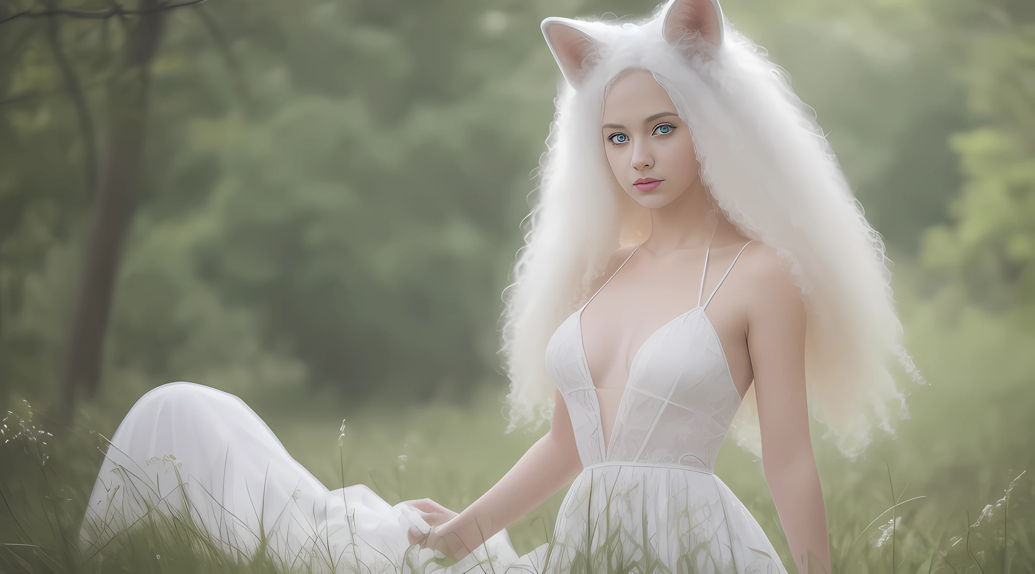 Women with ,golden curly hair,Blue eyes,white fox ears,,white translucent long dress with thin straps