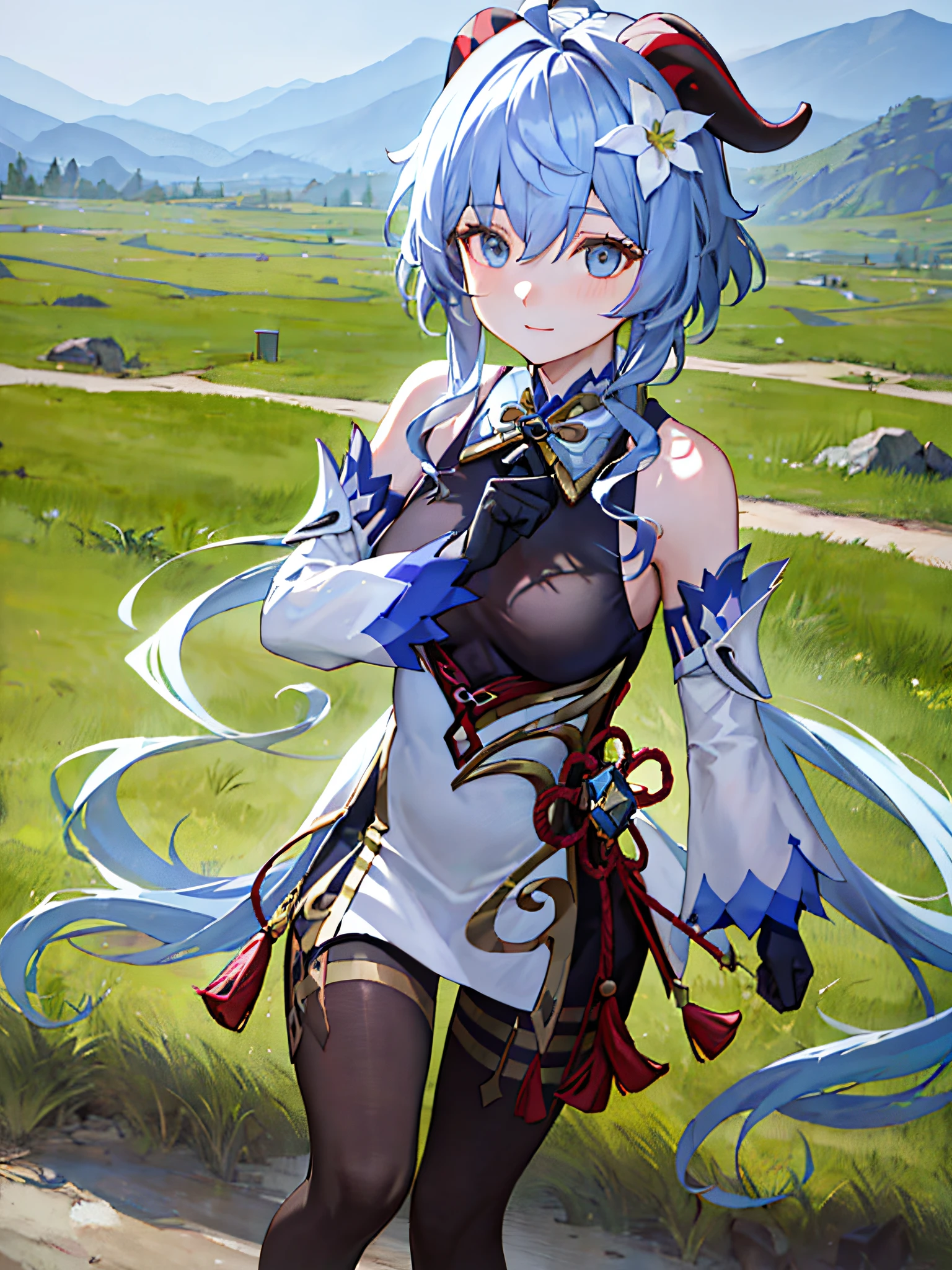 (photorealistic:1.4), (masterpiece, sidelighting, finely detailed beautiful eyes: 1.2), masterpiece*portrait, realistic, 3d face, ganyu \(genshin impact\), 1girl, ahoge, architecture, Bangs, bare shoulders, bells, black gloves, black tights, (blue hair), blush, beautiful breasts, Chinese knots, sleeves, flower knots, gloves, horns, long hair, fighting stance, medium chest, neckbell, bow and arrow in hand, outdoors, grassland, fighting monsters