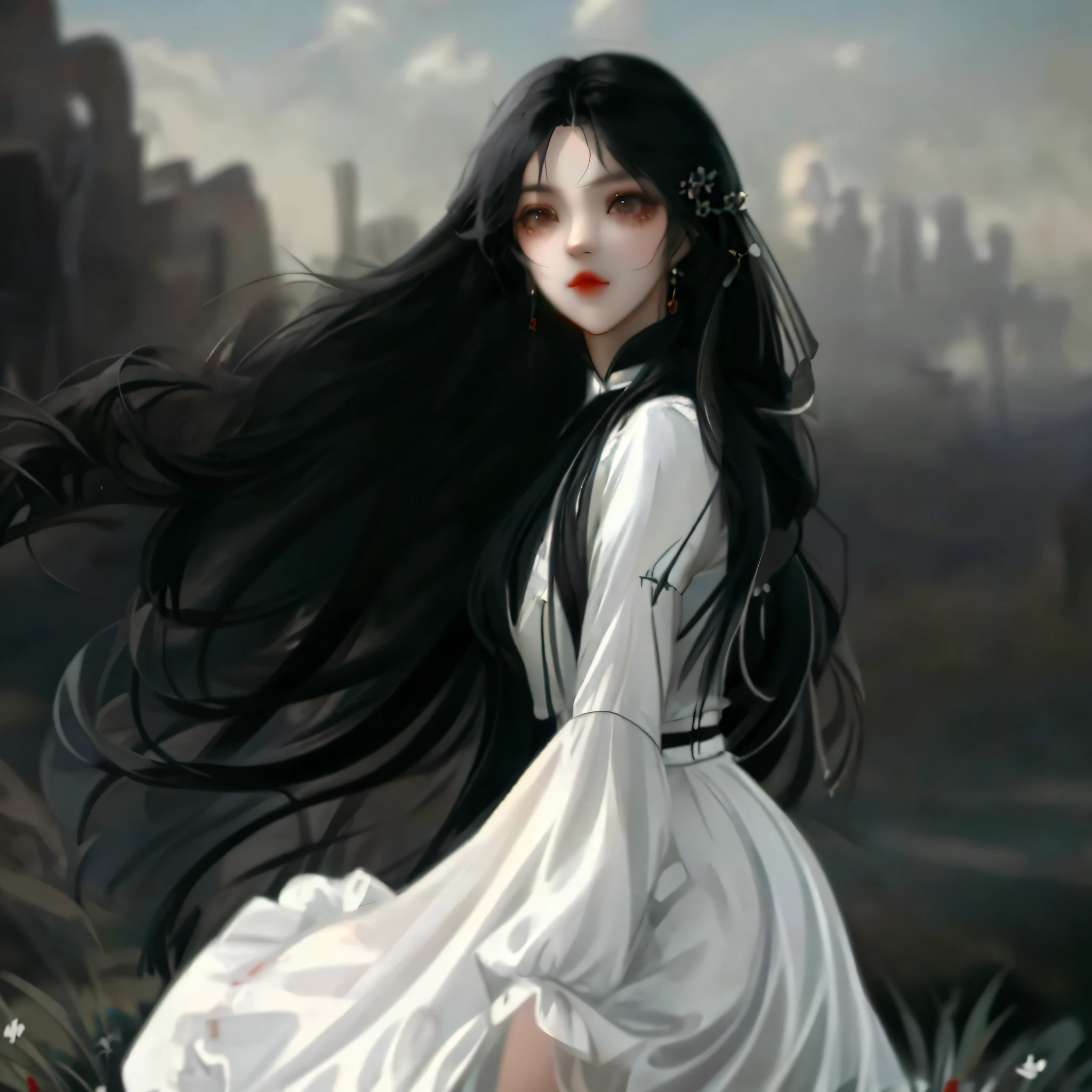 anime girl with long black hair in white dress walking in the grass, artwork in the style of guweiz, in the art style of bowater, fantasy art style, anime girl with long hair, gothic maiden anime girl, guweiz, beautiful fantasy maiden, beautiful fantasy art portrait, dark fantasy style art, guweiz masterpiece, mysterious girl, fantasy portrait