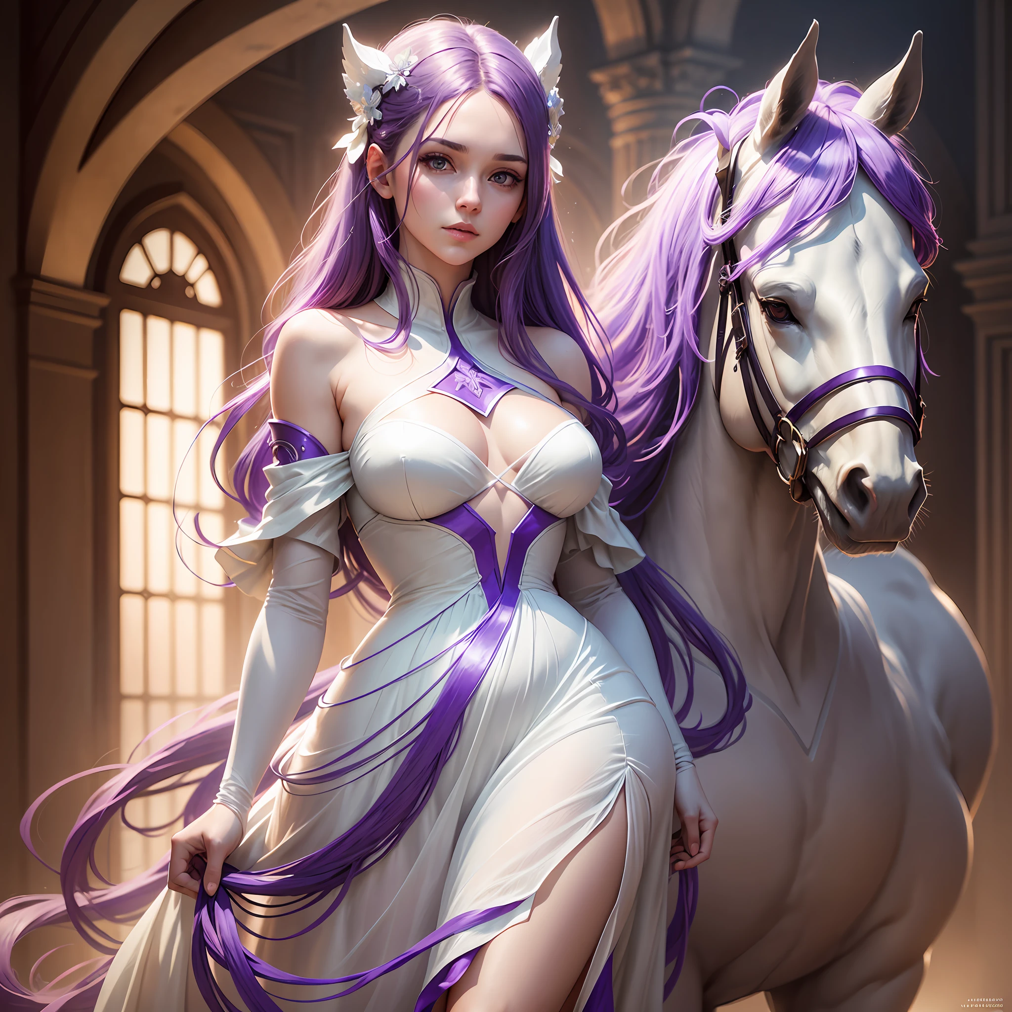 a woman in a flowing white dress, with flowing white hair, stands next to a horse sculpture bathed in soft purple lighting. The sculpture has a frosted glass texture. This scene is styled as a flat design poster art with ethereal lighting and a touch of #vfxfriday. Inspired by the works of wlop, labcore, and Andrzej Sykut, this detailoriented piece captures a captivating atmosphere，textured skin，best quality，purple hair，Highly detailed, ultra-detailed, insanely detailed, 4D octane rendering, 8k resolution，Shot in a 3:4 aspect ratio, aperture set at f/2, shutter speed at 1/750 --auto --s2