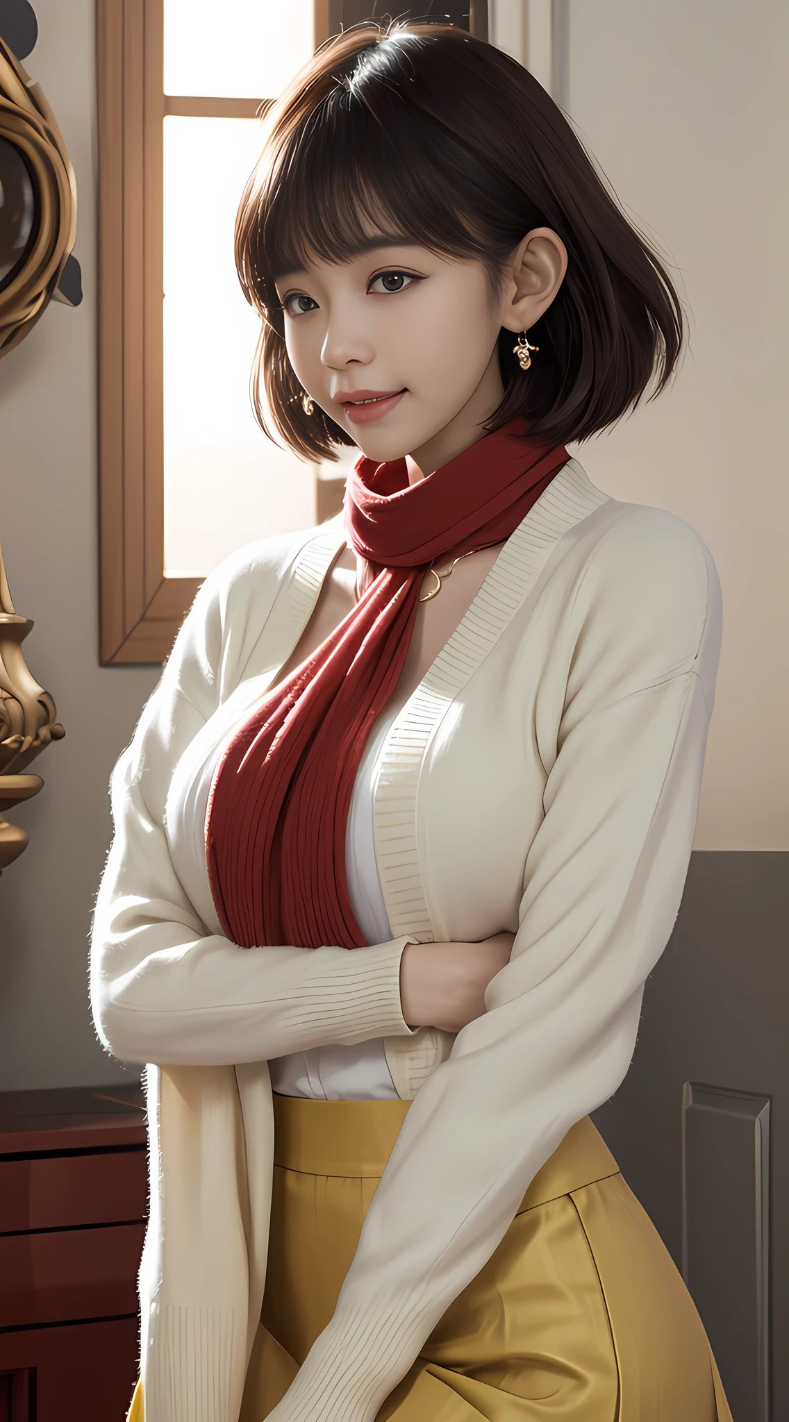 smiling minchen, aburdes, (mouth:1.16) closed, balanced eyes, (Best quality details:1.2),realistic,8K High definition,Ultra Detailed,High quality texture,intricate details,detailed texture, finely detailed, high detail, extremely detailed high quality texture cg, high quality shadow, detailed beautiful and delicate face, fine beautiful and delicate eyes, depth of field, ray tracing, (a beautiful 25 year old cute Japanese lady:1), big breasts, tall feminine, beautiful legs, glowing eyes, blush, perfect body petite, skinny, blurred indoor background, yellow elegant skirt, red scarf, cardigan coat, White stockings: 1.1, [brown_skirt]: 1, stocking straps: 1.2, short hair, cozy living room, sunshine, standing, earrings, necklace, model, looking at the audience, dynamic pose, earrings, necklace, model, looking at the audience, from the side, dynamic pose, front, full body