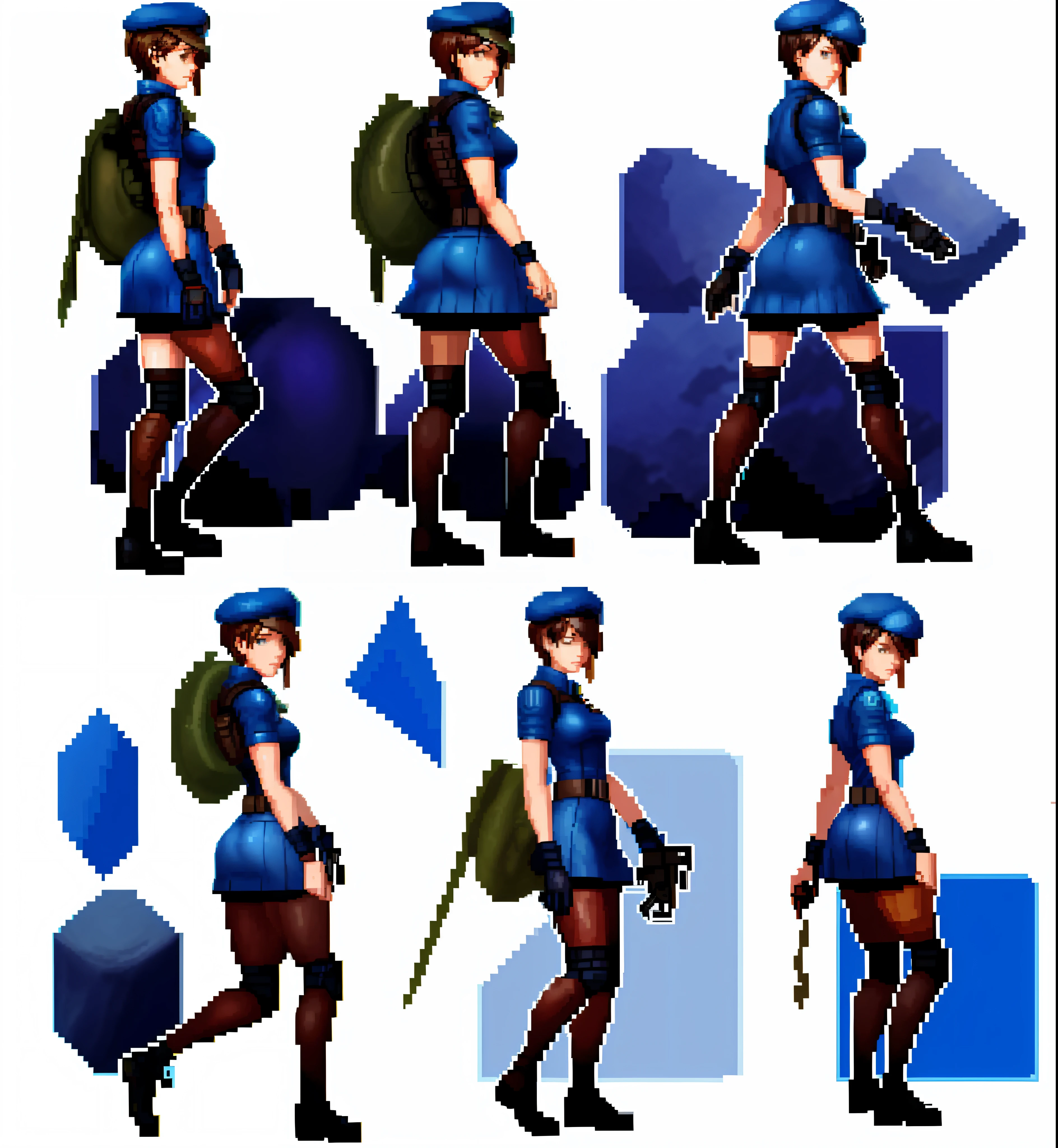 reference sheet of a character wearing the same clothes, Jill Valentine, short brown hair, soldier's beret, armor, pixel art, simple background