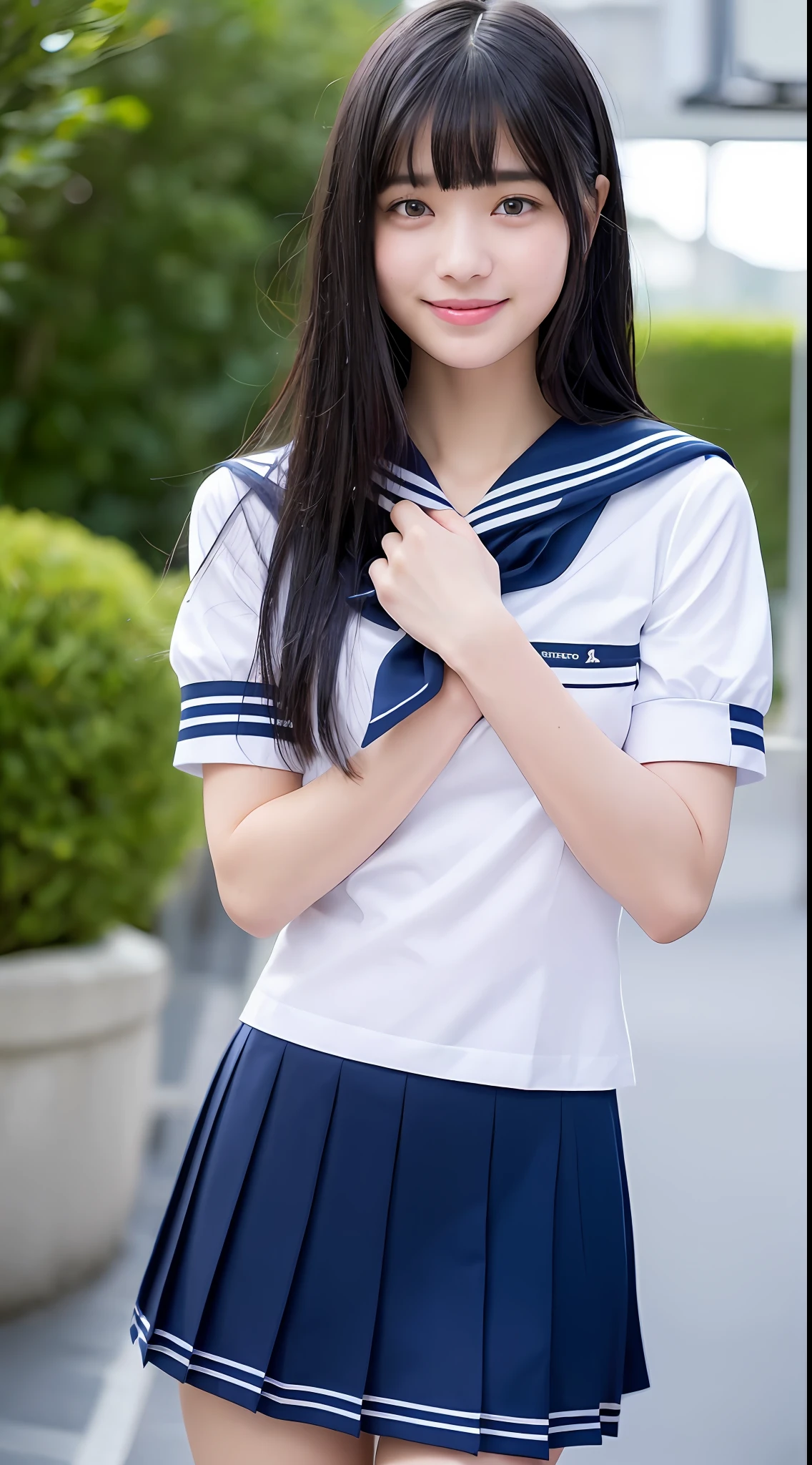((Top Quality, 8k, Masterpiece: 1.3)), Sharp Focus: 1.2, Pretty High School Girl with Perfect Figure: 1.4, Slim Abs: 1.2, ((Black Hair Layered Haircut, Beautiful: 1.2)), (White Sailor School Uniform: 1.1), (Rain, Street: 1.2), Wet Body: 1.5, Highly Detailed Face and Skin Texture, Detailed Eyes, Smile, Bangs, Baby Face, (Super Cute Face: 1.5), Nogizaka 46, AKB48, 16 years old, neat, lover's point of view, (beautiful legs), genki, navy blue uniform skirt, slim figure, constricted waist, ((short sleeves)),