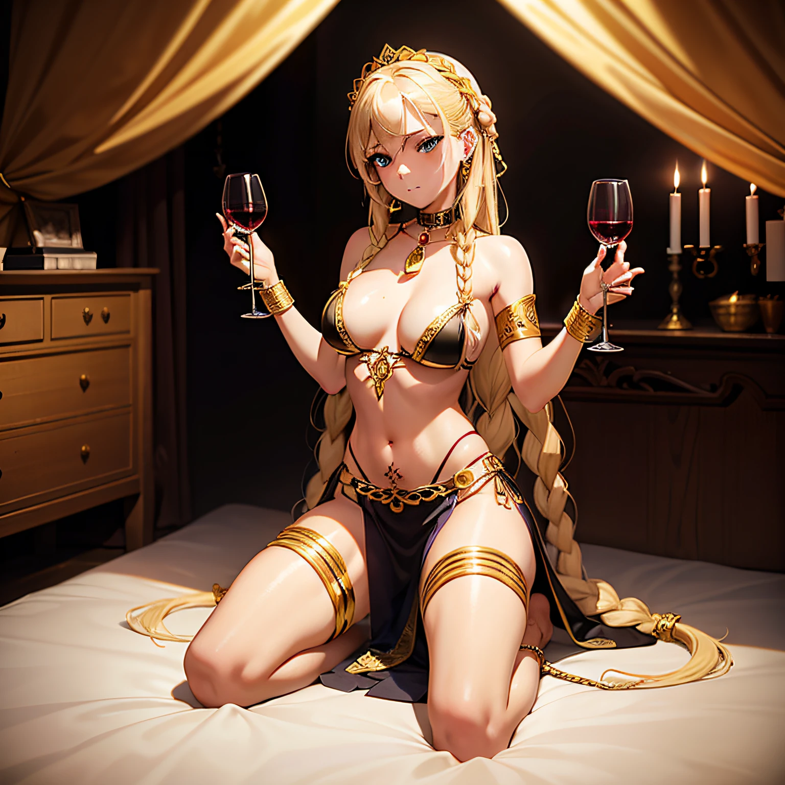 a blonde slave girl with long braided hair kneels beside the bed holding a goblet of wine, gold collar, chains, silk harem clothes, pierced ears, pierced, slave tattoo on hip, bedroom eyes, aroused