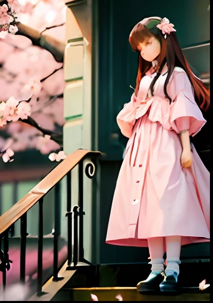 Hand drawn, cherry blossom background, anime characters, sense of design, cherry blossoms in the sky, little girl standing on stairs waiting --auto --s2