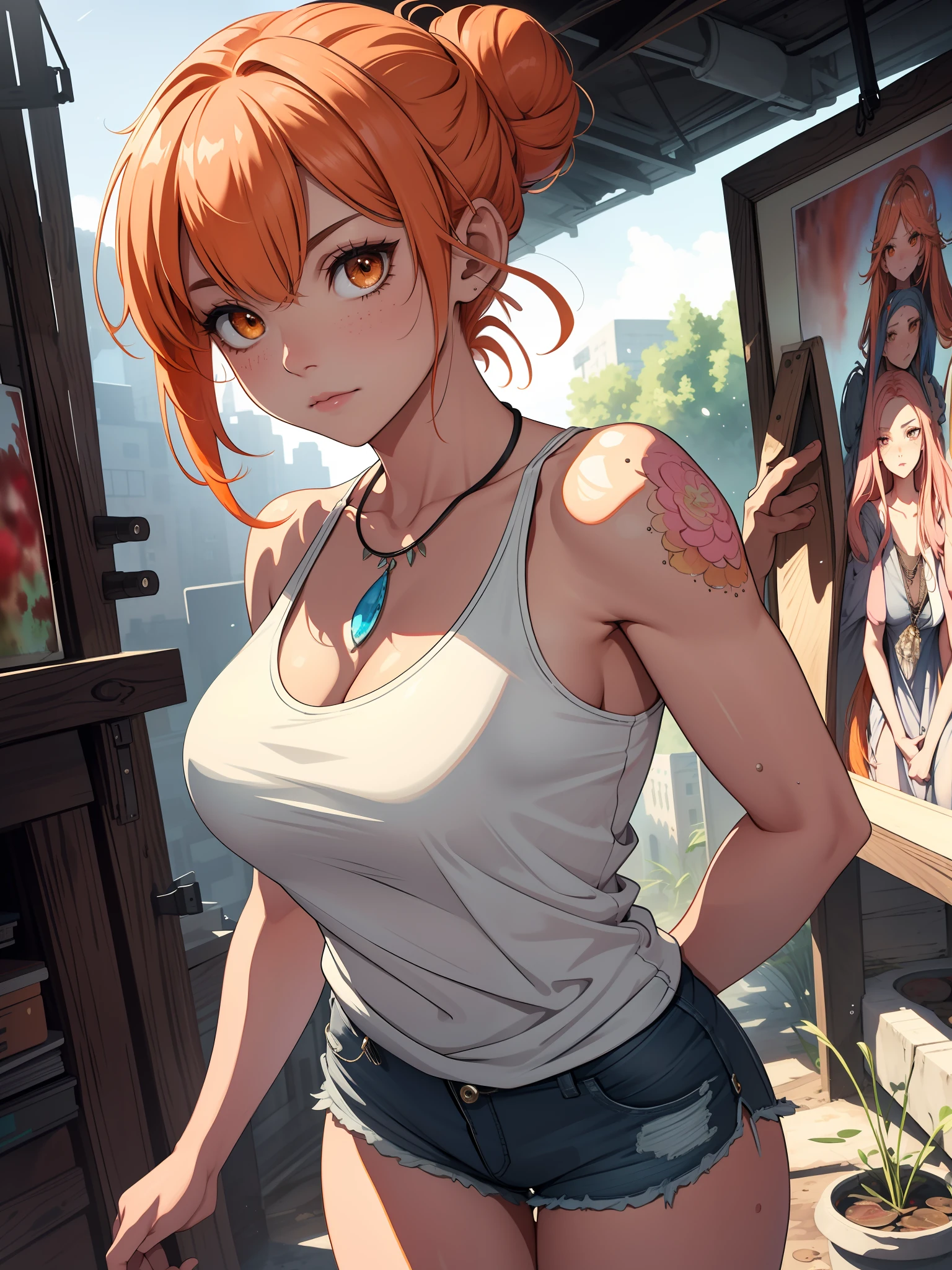 realistic, Beautiful detailed girl, clear and beautiful, Personage as the main perspective, shiny_skin, girl,woman,female, young,20 years old, medium hair, bangs, hair bun, sidelocks, orange hair, beautiful detailed Glass hair, pink streaked hair,beautiful detailed cold face, cold expression, complex details beautiful and delicate eyes, fingernails, medium_breasts, , orange eyes, Authentic skin texture, piercing, necklace, tank_top, short_shorts, knee_boots, bloom, realistic,extremely detailed CG unity 8k wallpaper, very fine 8KCG wallpapers, very fine 8K CG wallpaper,intricate detailed,caustics,(watercolor:1.3),super fine illustration,textile shading,super detailed skin,cinematic lighting,creative refinement