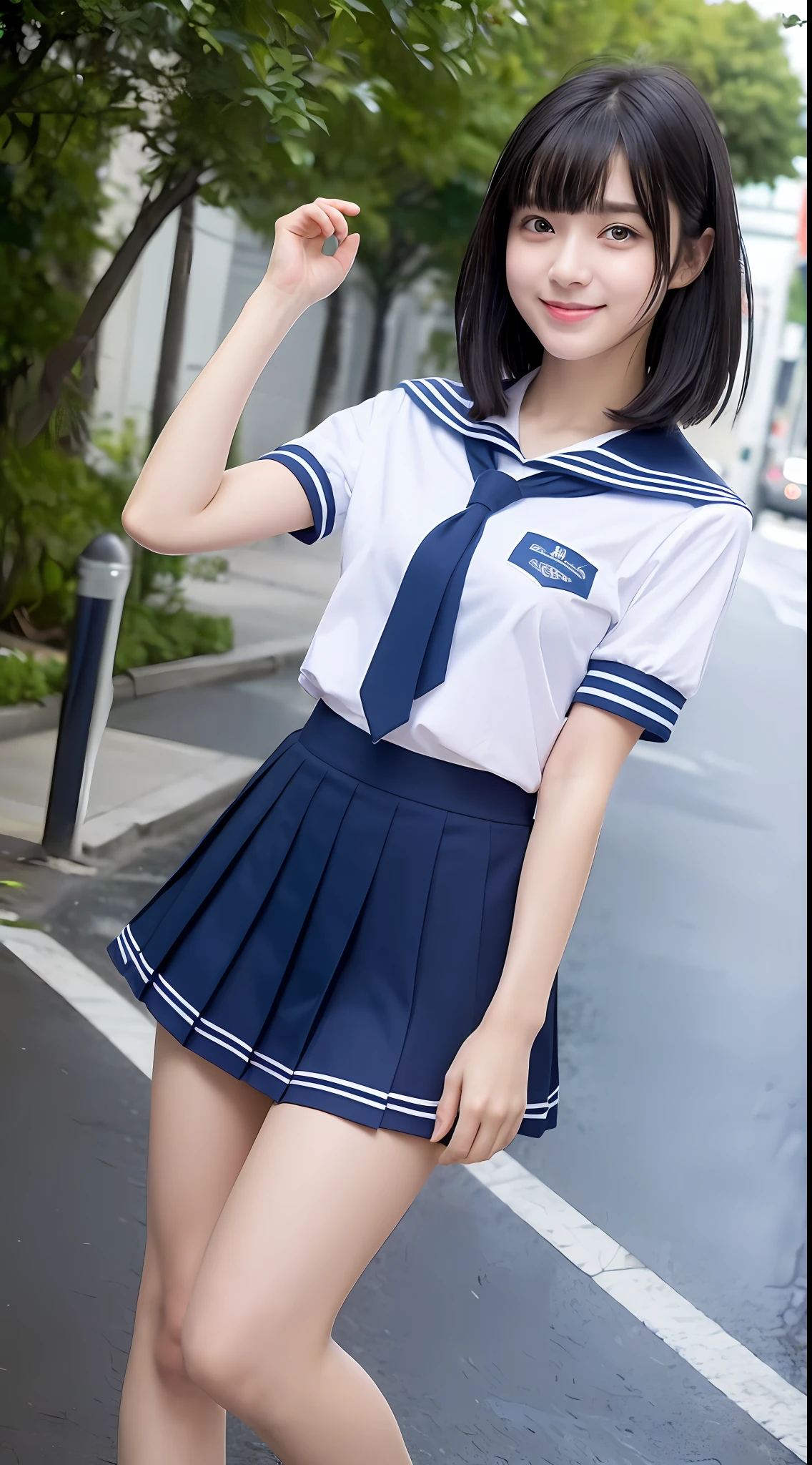 ((Top Quality, 8k, Masterpiece: 1.3)), Sharp Focus: 1.2, Pretty High School Girl with Perfect Figure: 1.4, Slim Abs: 1.2, ((Black Hair Layered Haircut, Beautiful: 1.2)), (White Sailor School Uniform: 1.1), (Rain, Street: 1.2), Wet Body: 1.5, Highly Detailed Face and Skin Texture, Detailed Eyes, Smile, Bangs, , (Super Cute Face: 1.5), Nogizaka 46, AKB48, 16 years over's point of view, (beautiful legs), genki, navy blue uniform skirt, slim figure, constricted waist, ((short sleeves)),