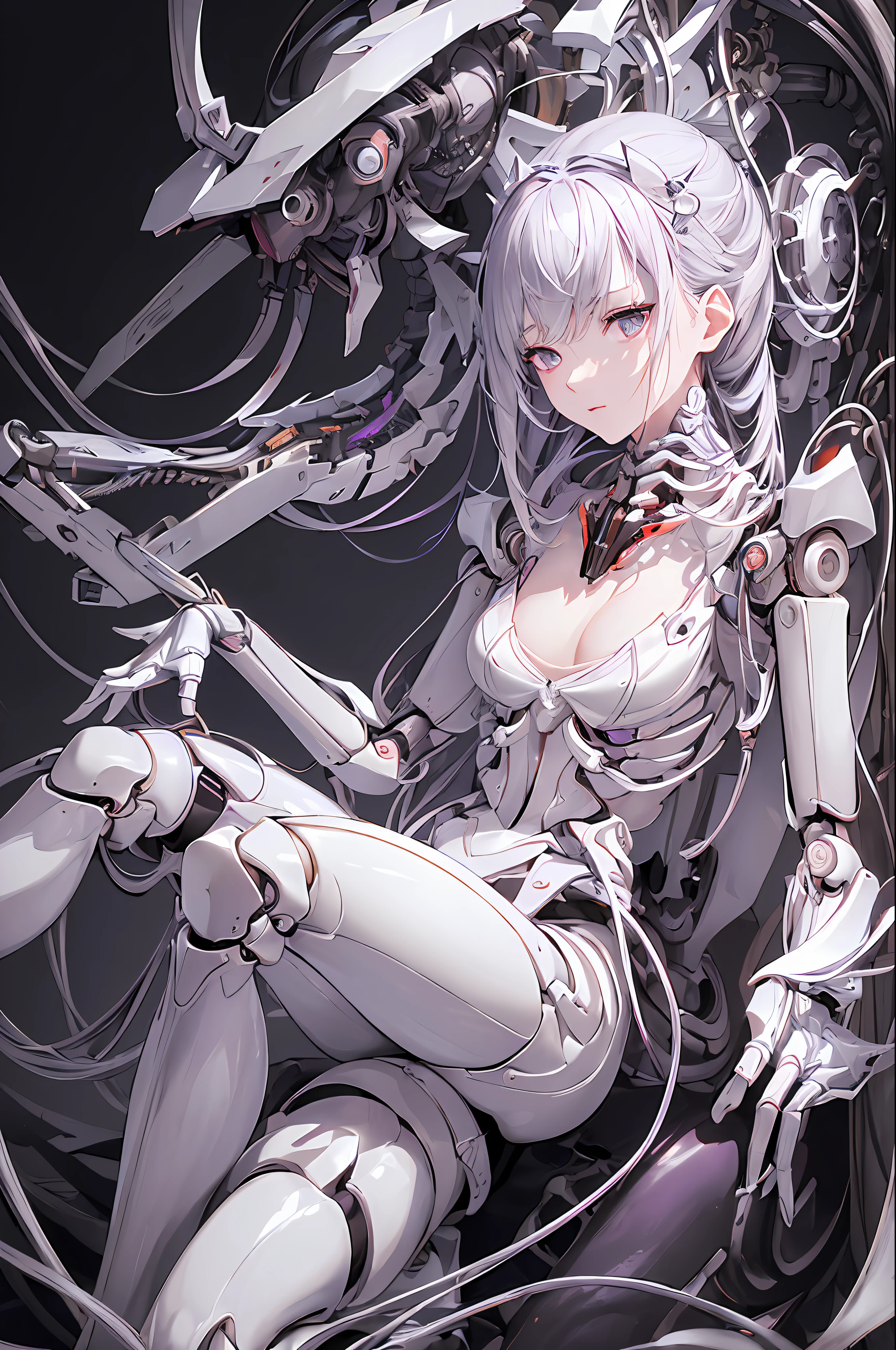 (((Masterpiece)))), (((highest quality)))), ((Ultra Definition)), (Very Detailed Photoreality), (((Very Delicate and Beautiful)), (Delicate and Pretty Face), Cinematic Light, (((1 Machine Girl)), Solo, Full Body, Big, Cleavage Is Visible Skin, White Hair, Purple Eyes, Luminous Eyes, (Mechanical Joint: 1.4), (Mechanical limbs)), (Blood vessels connected to tubes), (( Mechanical vertebrae attached to the back)), ((Mechanical cervical vertebrae) attached to the neck)), (((sitting)), Expressionless, (wires and cables attached to the head and body: 1.5), (Character Focus), Small LED lamp SF, detailed neon