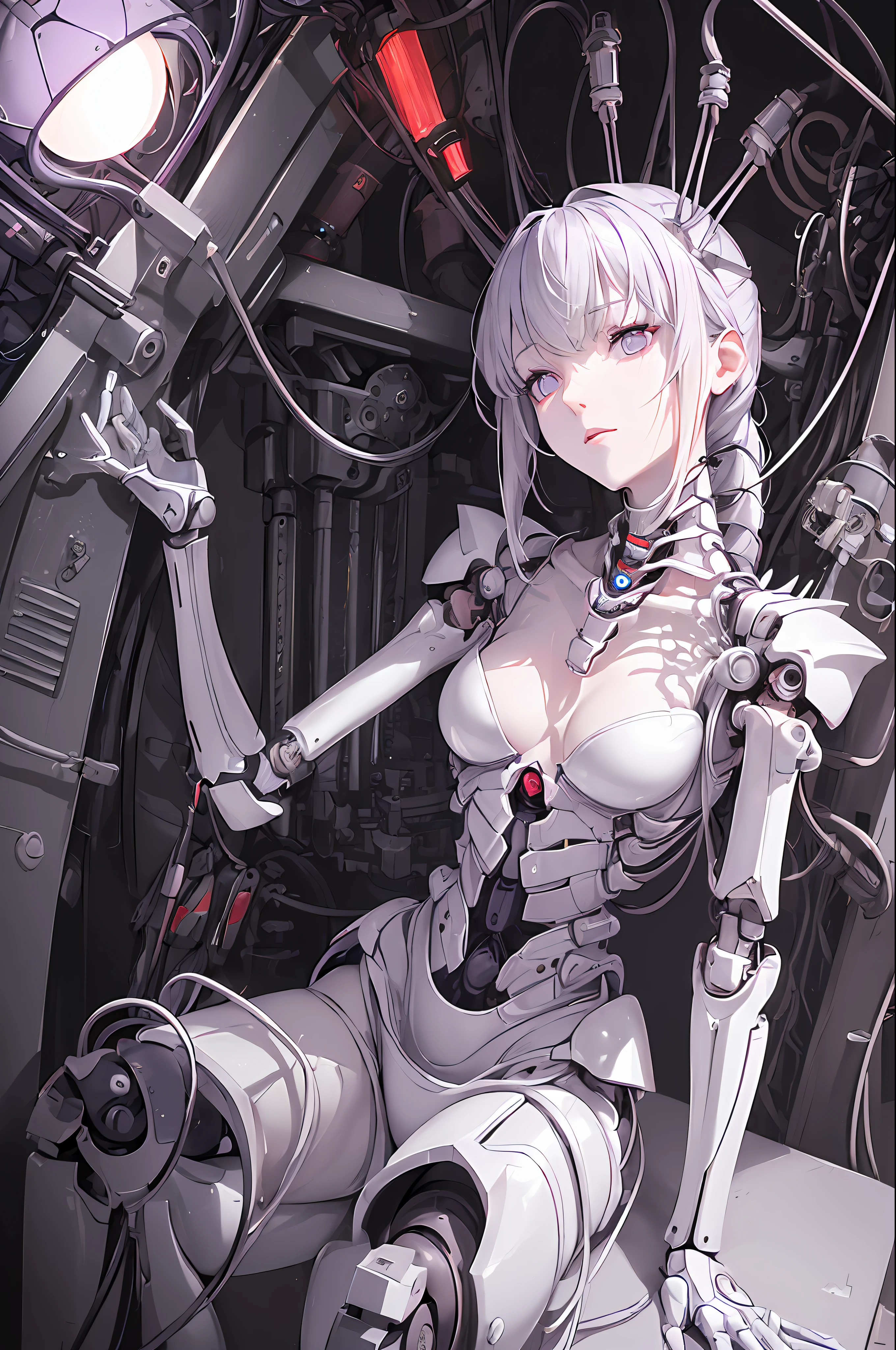 (((Masterpiece)))), (((highest quality)))), ((Ultra Definition)), (Very Detailed Photoreality), (((Very Delicate and Beautiful)), (Delicate and Pretty Face), Cinematic Light, (((1 Machine Girl)), Solo, Full Body, Big, Cleavage Is Visible Skin, White Hair, Purple Eyes, Luminous Eyes, (Mechanical Joint: 1.4), (Mechanical limbs)), (Blood vessels connected to tubes), (( Mechanical vertebrae attached to the back)), ((Mechanical cervical vertebrae) attached to the neck)), (((sitting)), Expressionless, (wires and cables attached to the head and body: 1.5), (Character Focus), Small LED lamp SF, detailed neon