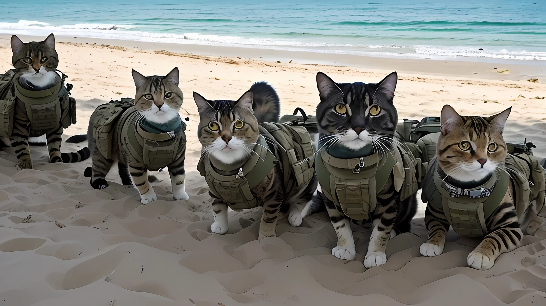 GoPro footage of group badass cats, army style, camouflage vest, beach, watching camera