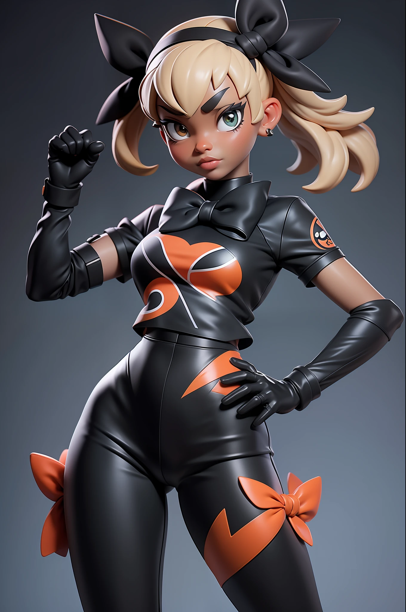 3dmm style, (masterpiece, best quality), intricate details, 1girl, solo, bea \(pokemon\), bow hairband, print shirt, tied shirt, black bodysuit, bodysuit under clothes, single glove, print shorts, knee pads, barefoot, cowboy shot, looking at viewer, dark skin