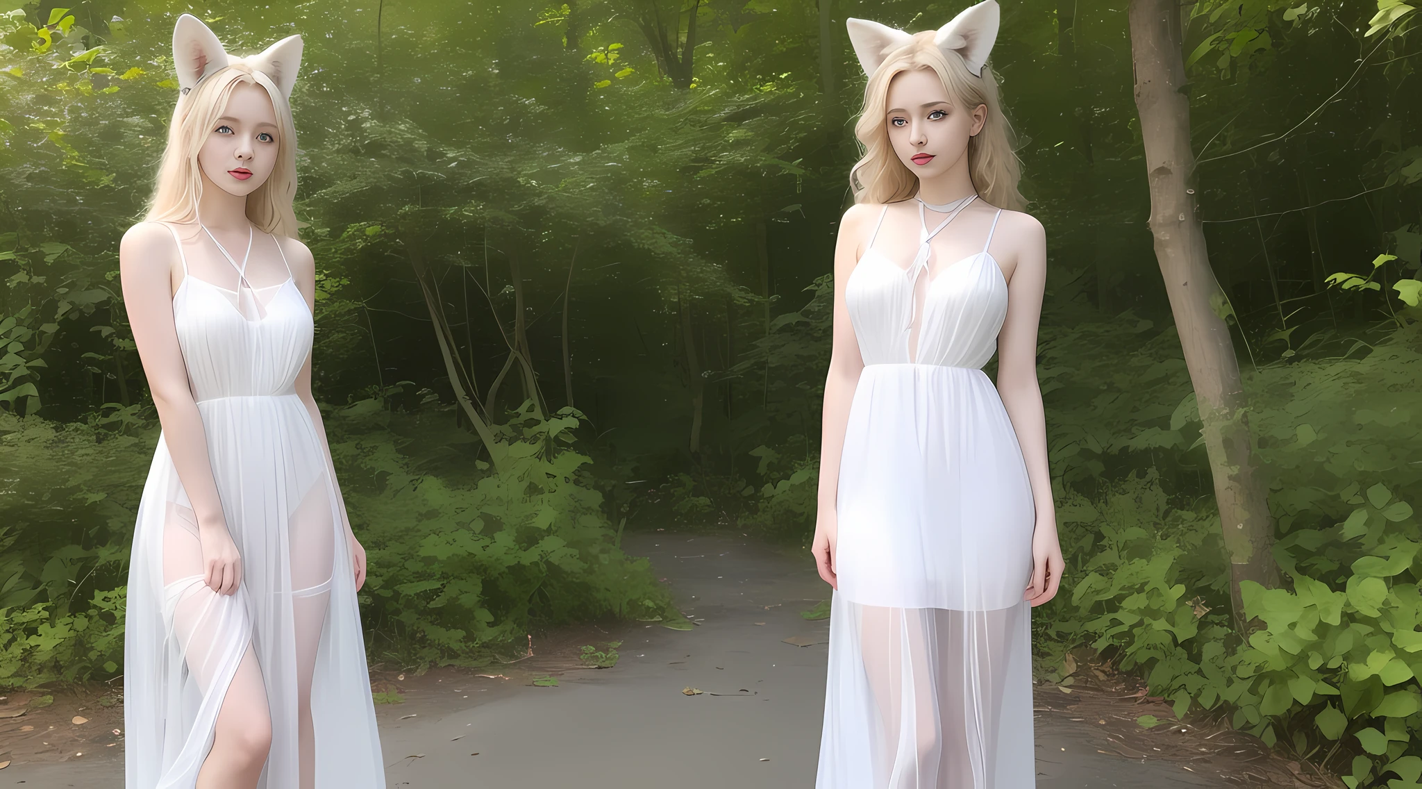Women with ,golden curly hair,Blue eyes,white fox ears,,white translucent long dress with thin straps