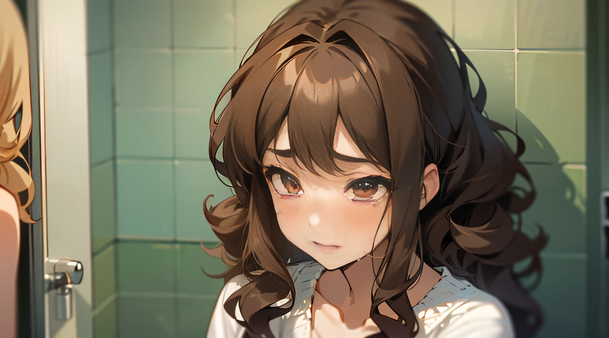 Crying: 1.6, girl crying, bathroom in background, (girl: 23 years old, curly, long hair, brunet, casual wear, slim), stereogram, anime, UHD, textured skin, high quality, high detail --auto --s2