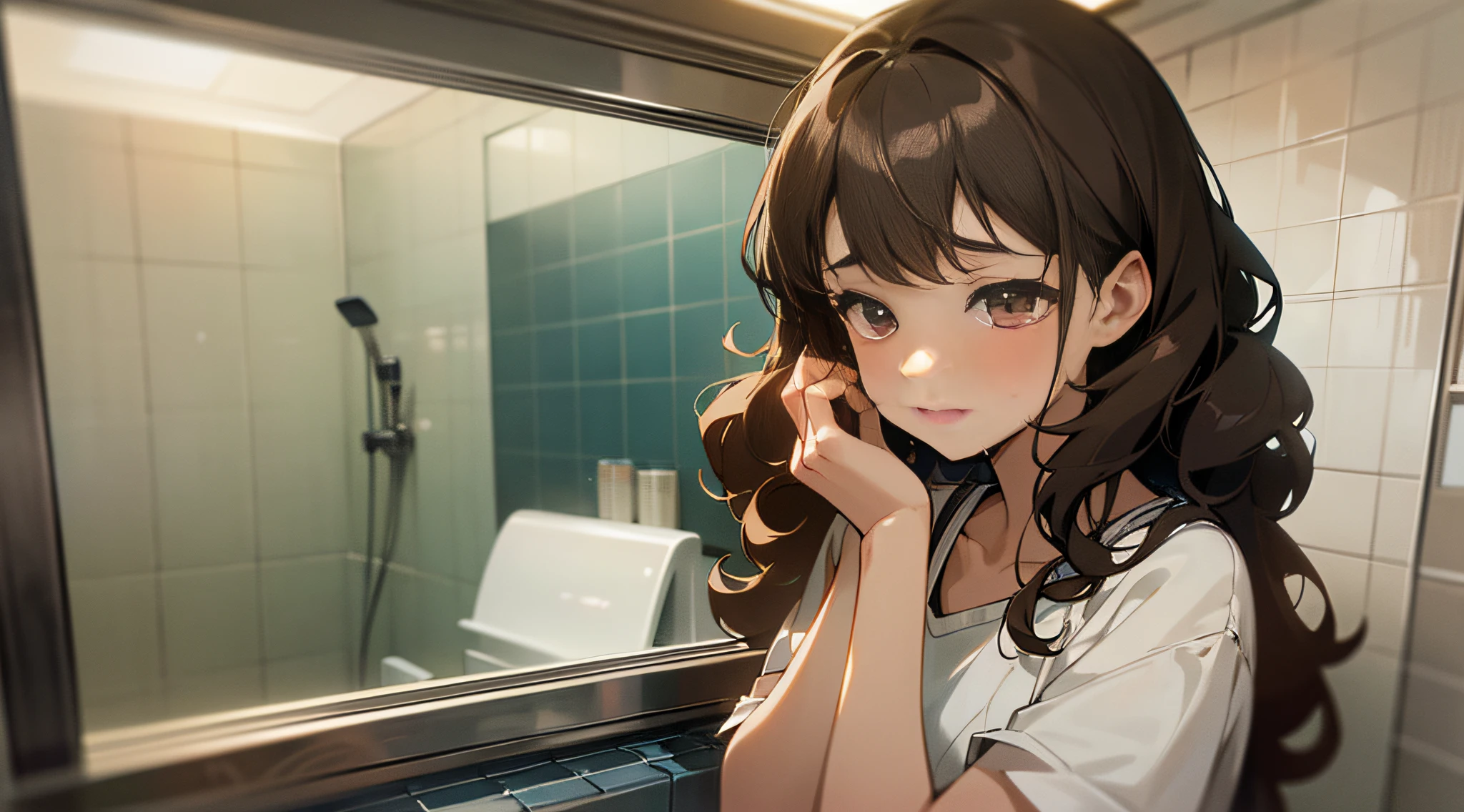 Crying: 1.6, girl crying, bathroom in background, (girl: 23 years old, curly, long hair, brunet, casual wear, slim), stereogram, anime, UHD, textured skin, high quality, high detail --auto --s2