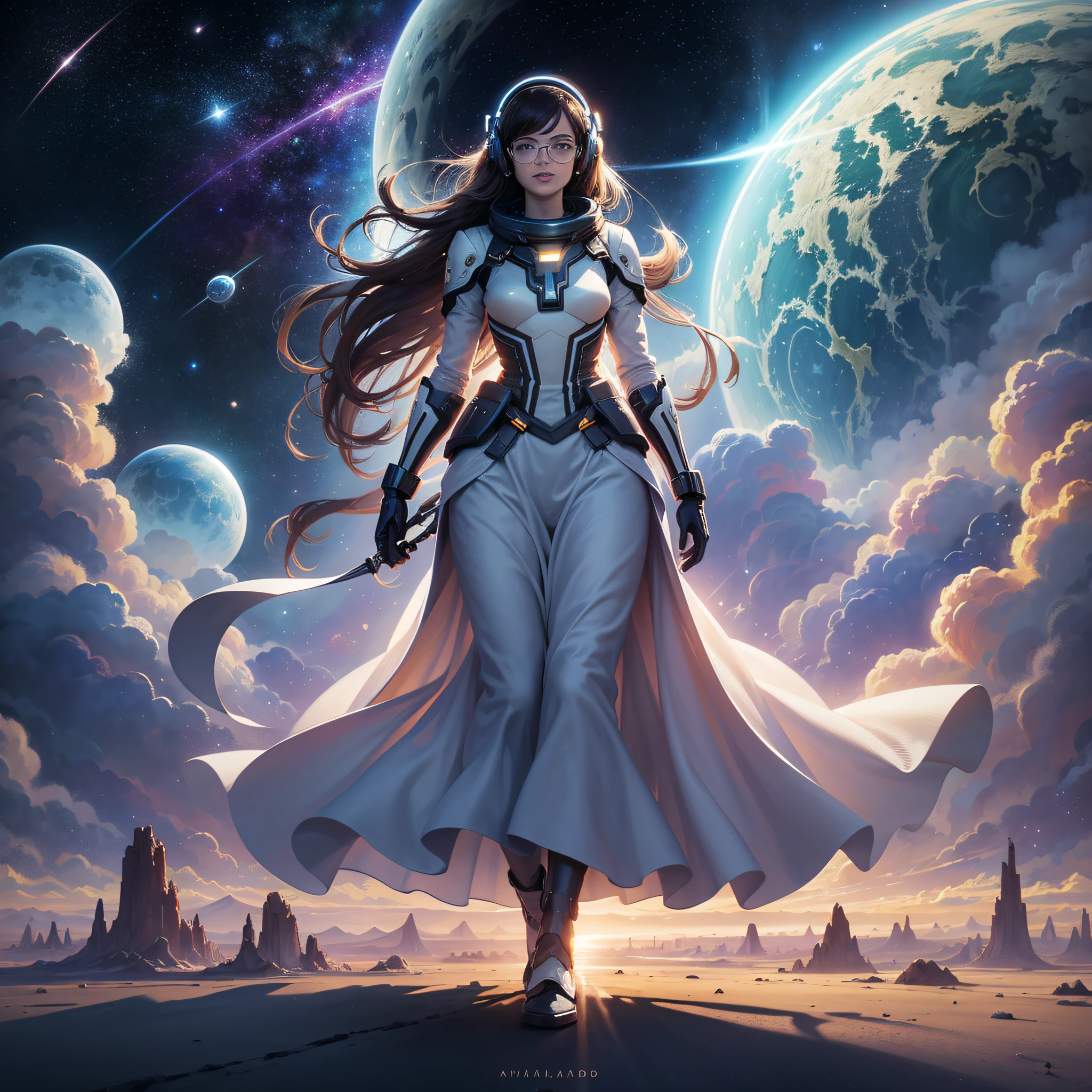 Beauty: elegant, flowing, long hair, flowing skirt, charming smile., Interstellar background: universe, starlight, stars, mysterious nebulae, twinkling planets., Interstellar devices: futuristic clothing, space helmets, high-tech glasses, handheld technology devices., Walking scenes: floating in the void, elegant posture, light action, dancing posture., Other details: spaceship wreckage, exploration of unknown planets, windward skirts of cosmic storms, fantastic interstellar creatures, Surrealism, cinematic lighting, panorama, masterpiece --auto --s2