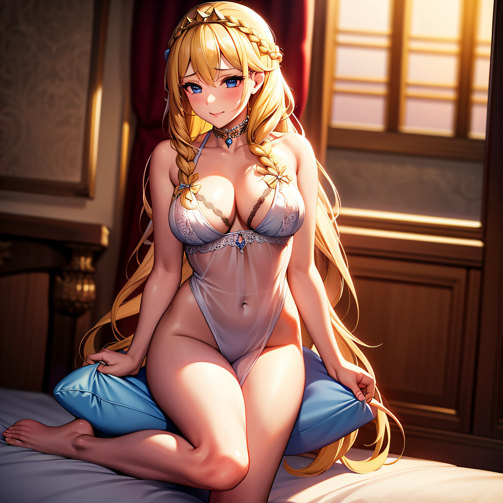 a blonde princess with braided hair secretly works in a brothel, lingerie, mischievous, bedroom eyes, coins, medieval