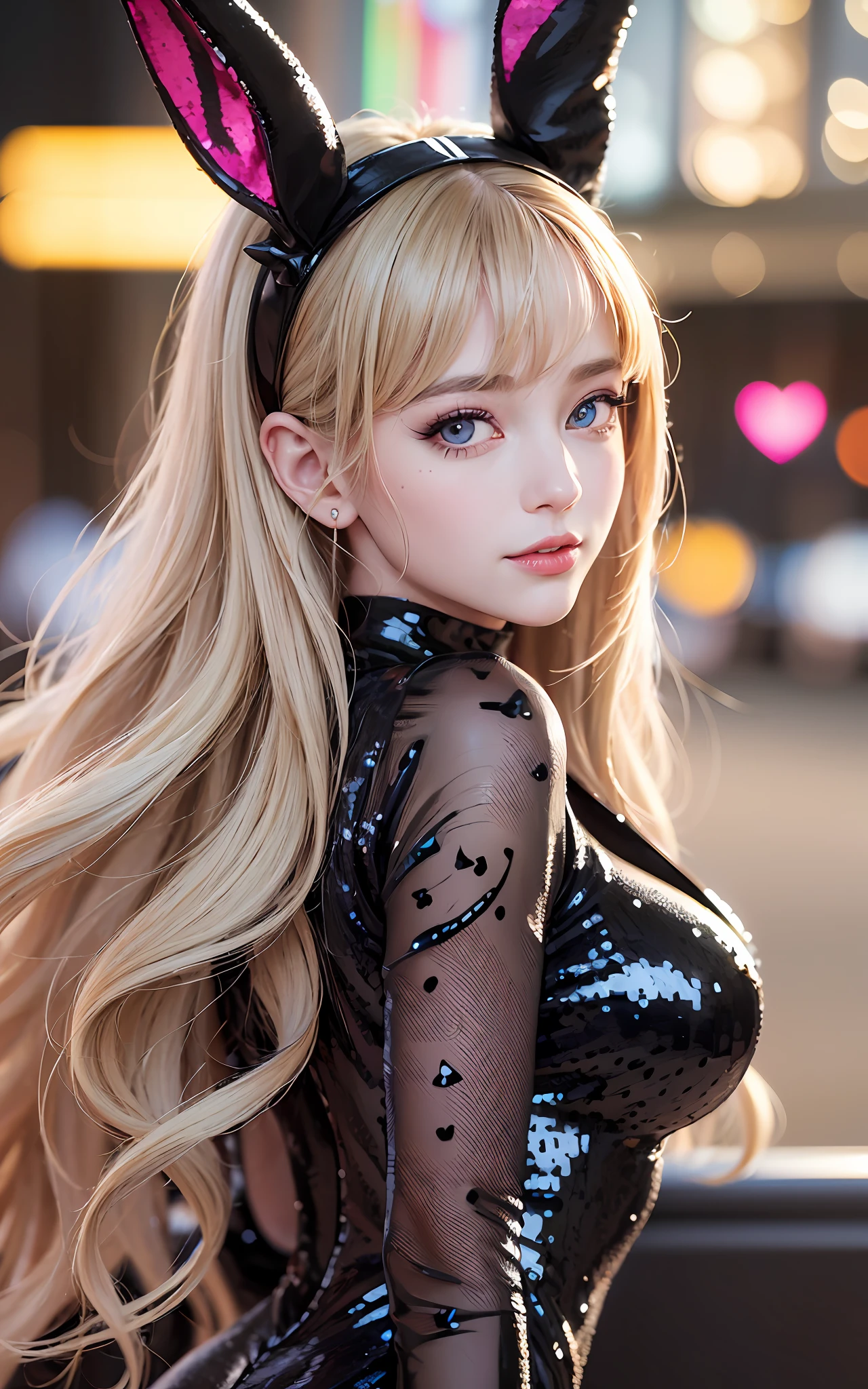 (Realistic, Photorealistic: 1.37), (8k, RAW Photos, Best Quality, Masterpiece: 1.2), Very Cute Woman, Super Detailed, Heart-Shaped Pupils, Physically Based Rendering, Ultra High Resolution, Kodak Vision Color, Shot with Arricam LT Camera, Bokeh, Sharp Focus,
Watch Realistic, Solo, Photorealistic, Top Quality, Highly Detailed Face, ((Sequins, Black Bunny Suit, Rabbit Ear Shaped Hair Band: 1.2)), Blonde, Long Curly Hair, Highly Detailed Eyes and Face, Beautiful Detailed Eyes, Double Eyelids, Unforgettable Smile, Hair Fluttering in the Wind, (Upper Body)), ((Colorful Casino, Background Blur))