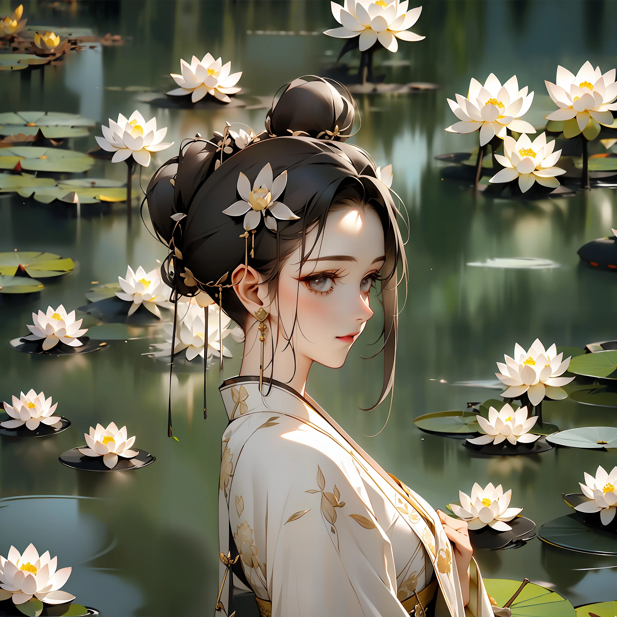 Woman in silk embroidered Hanfu, ponytail, textured details, textured skin, lotus pond background, (fans with budding lotus flowers, lotus flowers already in bloom), gray pupils, head jewelry, earrings, wind, 8k, masterpiece, best quality