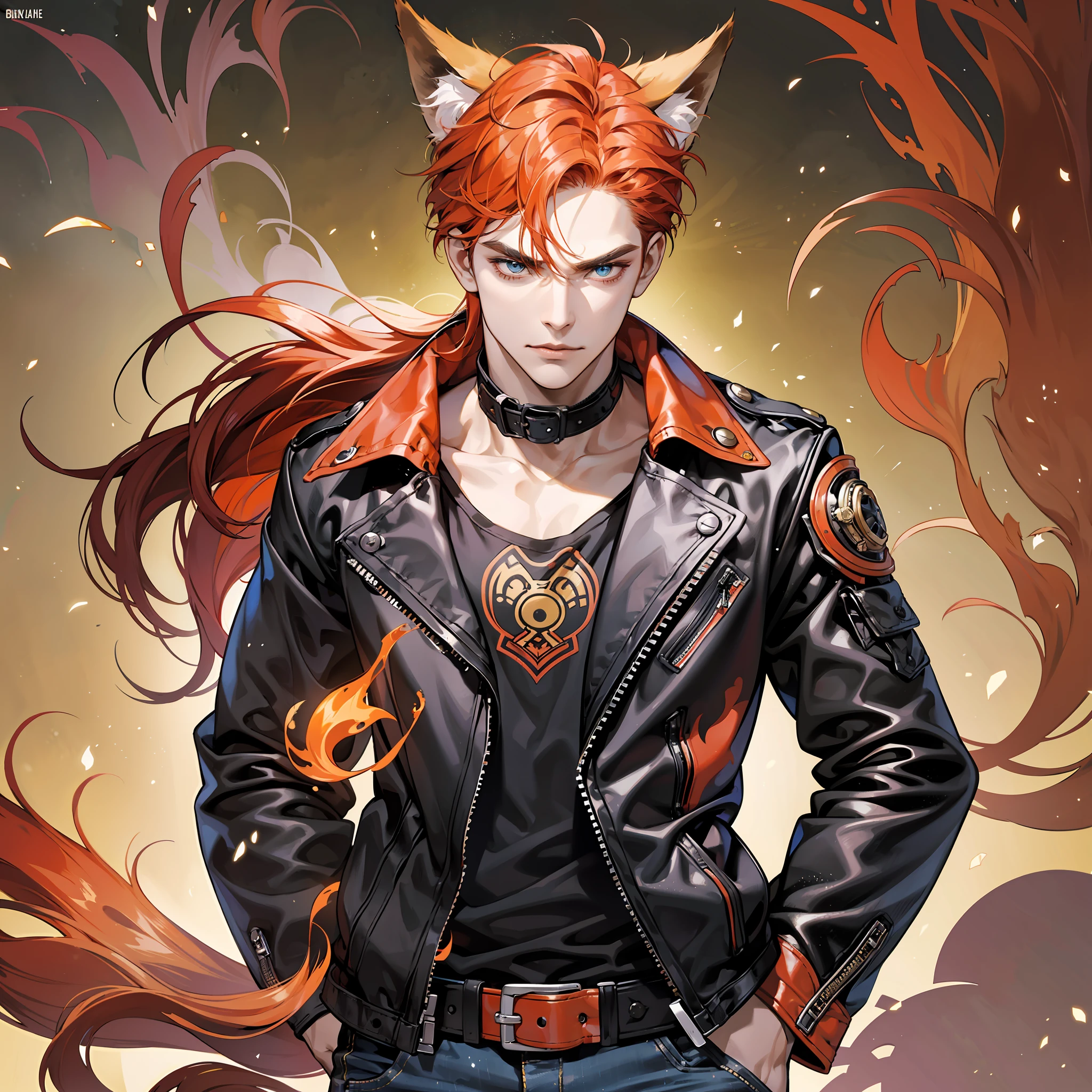 Create an image of a 36-year-old man with a mischievous demeanor. He has fiery red hair that falls in tousled waves, adding a touch of rebellion to his appearance. His eyes are a caramel color, exuding an air of mystery and cunning. The man has fox ears emerging from his hair, complementing his unique style.
He has a confident expression and a smirk, showcasing his roguish charm. Wearing a black leather jacket, faded jeans, and boots, he has a relaxed and effortlessly cool look. His posture conveys a sense of assurance and a hint of rebellion.
Capture the essence of this red-haired man with a mischievous appearance, highlighting his fiery hair, caramel eyes, fox ears, and confident expression. Create an image that conveys his cunning and captivating personality. --auto --s2