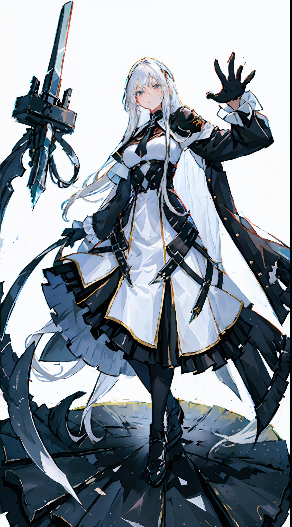 1girl, solo, (8k, best quality, masterpiece: 1.37), anime character with white hair and black gloves holding a sword, white hair god, white hair, showing a man with a sword. She was in a glass bottle, glaring angrily out, he had long silver hair and a black fabric mask. He wears a traditional martial arts-style full-body outfit, similar to a comic-style painting, he wears shiny armor with a fierce expression. He has a white veil in front of him to cover his chest, white hair, detailed anime character art, ark night, anime characters, anime character art
