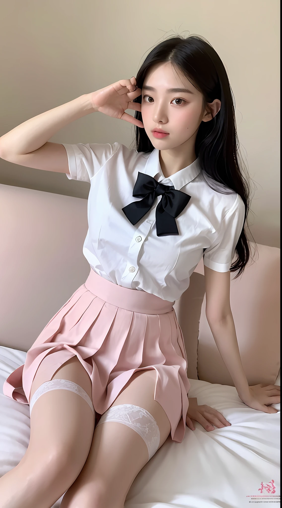(realistic light, best quality, 8k, masterpiece: 1.3)), 1girl, a slender beautiful woman: 1.4, 18 female high school student sexy, white skin, double eyelids, delicate eyes, white short shirt, pink bow tie, Pink pleated skirt, white sheer stockings, in the room, sitting on the white bed, leaning forward on the bed with hands supporting the body, looking at the front charmingly, half of the black hair is in the front and half in the back