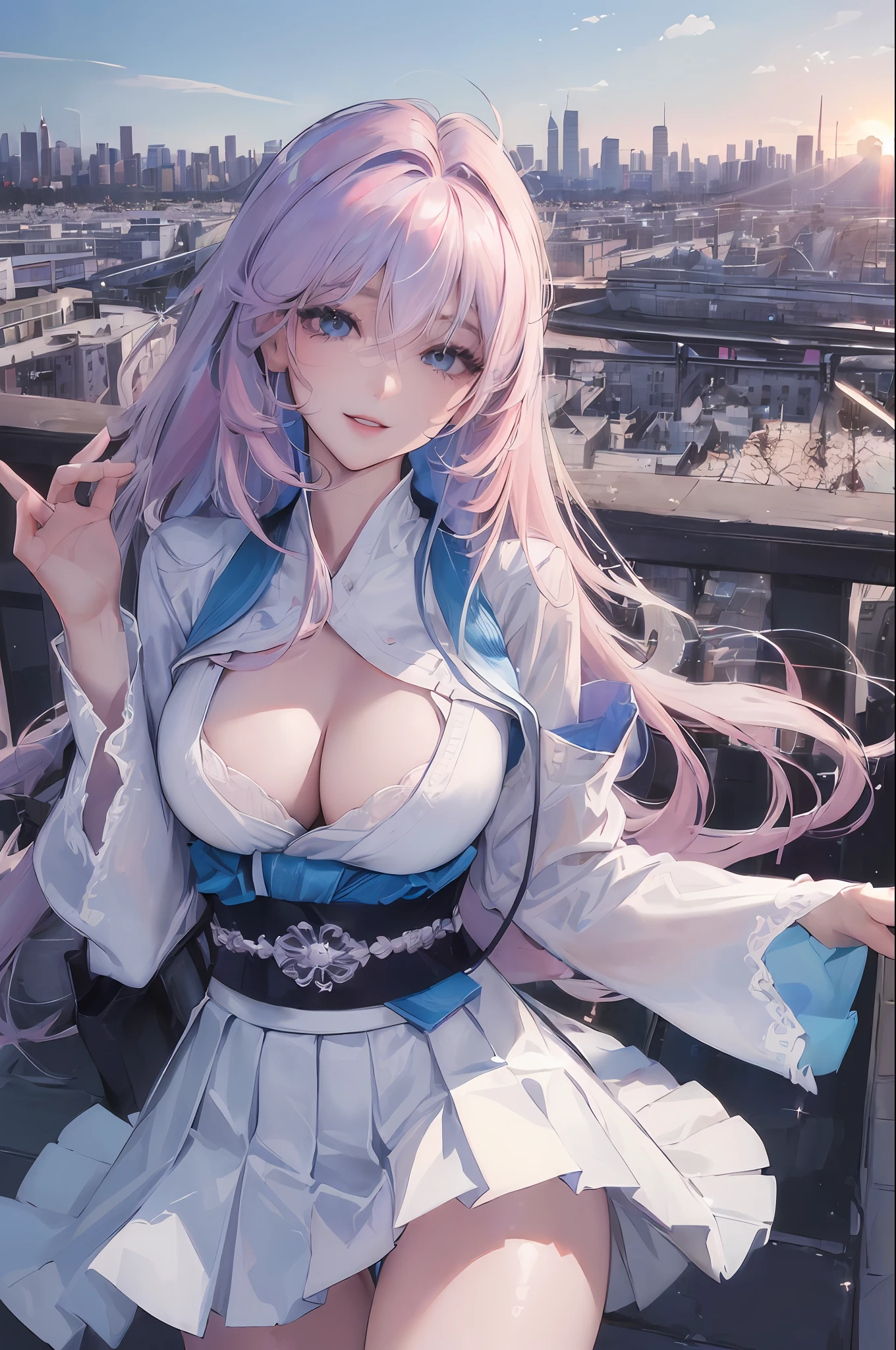 official art, masterpiece, sharp focus, (beautiful gorgeous cute Korean woman:1.3), (beautiful cute korean:1.3), korean beauty, Delicate and beautiful hair and eyes and face, realistic, ultra detailed, beautiful girl, blue sky, glow white particle, (sidelighting:1.2), sun light, white cloud, detailed clouds, slender, Lovely very large breasts and very large hips, smile with teeth, ((smile with eyes, open both eyes)), scenery, long straight hair, sexy facial expression, building, (cityscape:1.7), dynamic hair, long straight hair, detailed platinum pink hair, glow blue eyes, (blue pleated shirts + white skirt), white long socks, pale skin, hair ornament, epic scenery, having and undressed