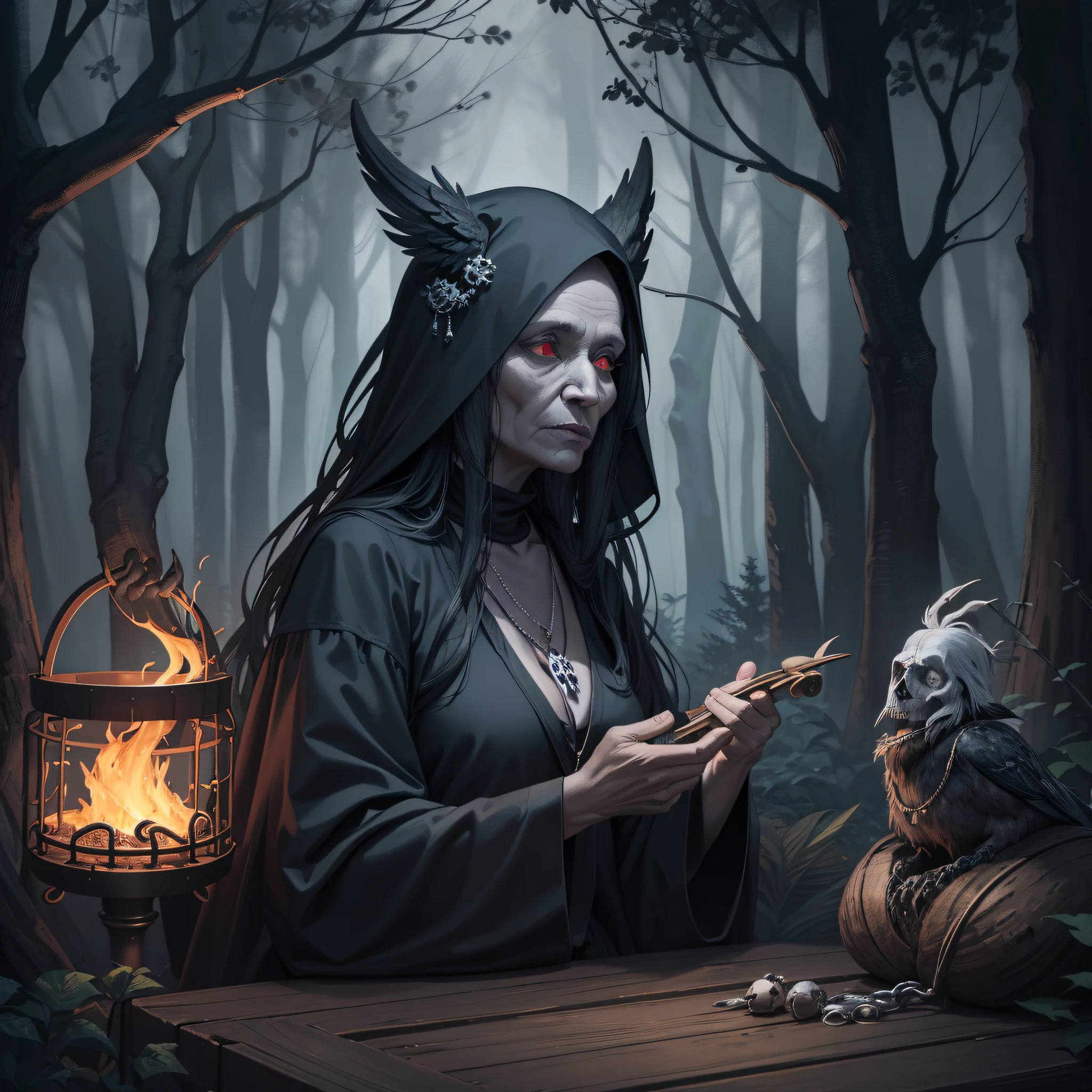 Baba Yaga, a black old woman from Slavic mythology, living in a gloomy forest, black trees, darkness, fire, old wooden house, night, danger, fog, skulls, bones, old fence, black raven, necklace of bones, cauldron of soup, magic, myth