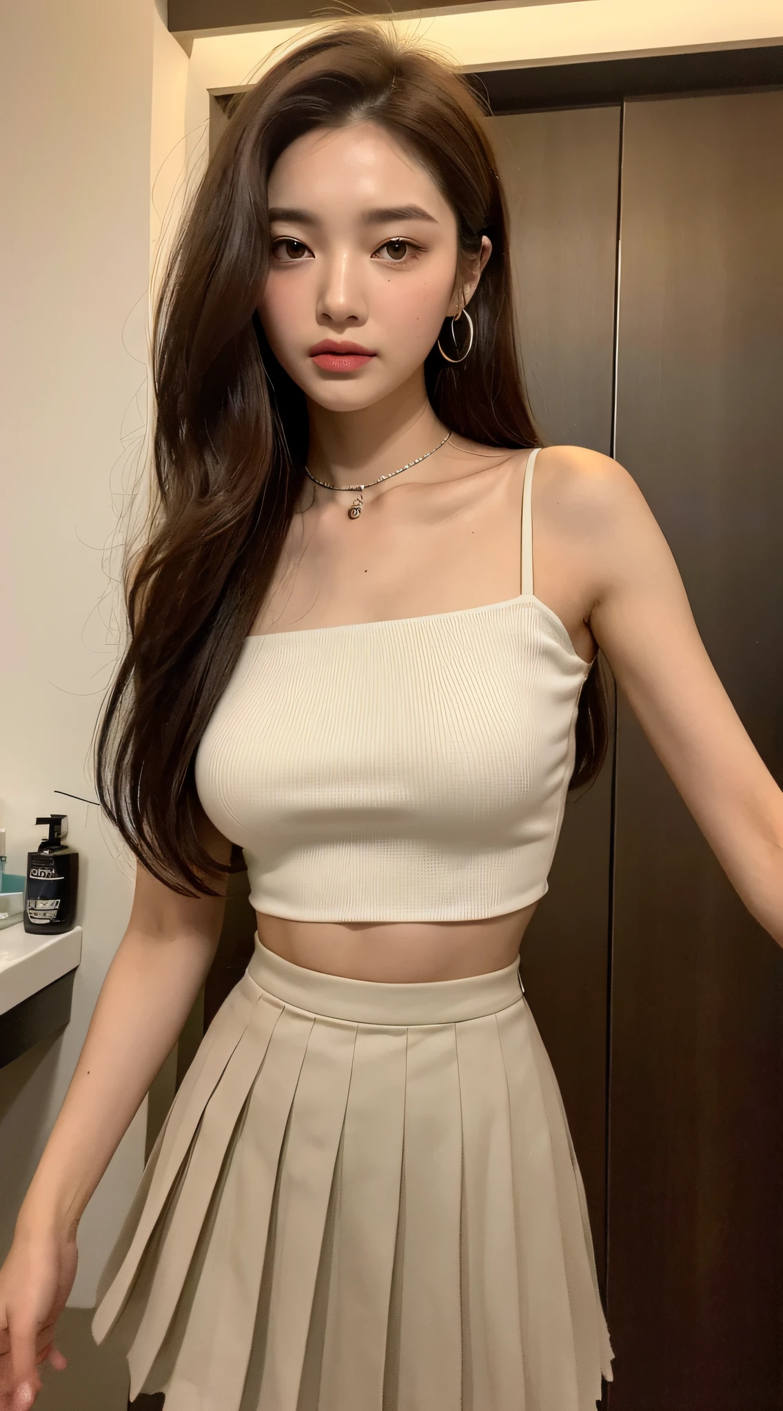 ((Night, Real Light, Top Quality, 8k, Masterpiece: 1.3)), 1 Girl, Transistor Glamour, Slim Beautiful Girl: 1.4, Abs: 1.1, (Brown Hair, Small: 1.3), Wet Dress: 1.2, Bathroom, Ultra Detailed Face, Detailed Eyes, Double Eyelids, Big, Perfect Style, Small Face, Flared Skirt, Tight and Viscous Crop Top, Pleated Skirt