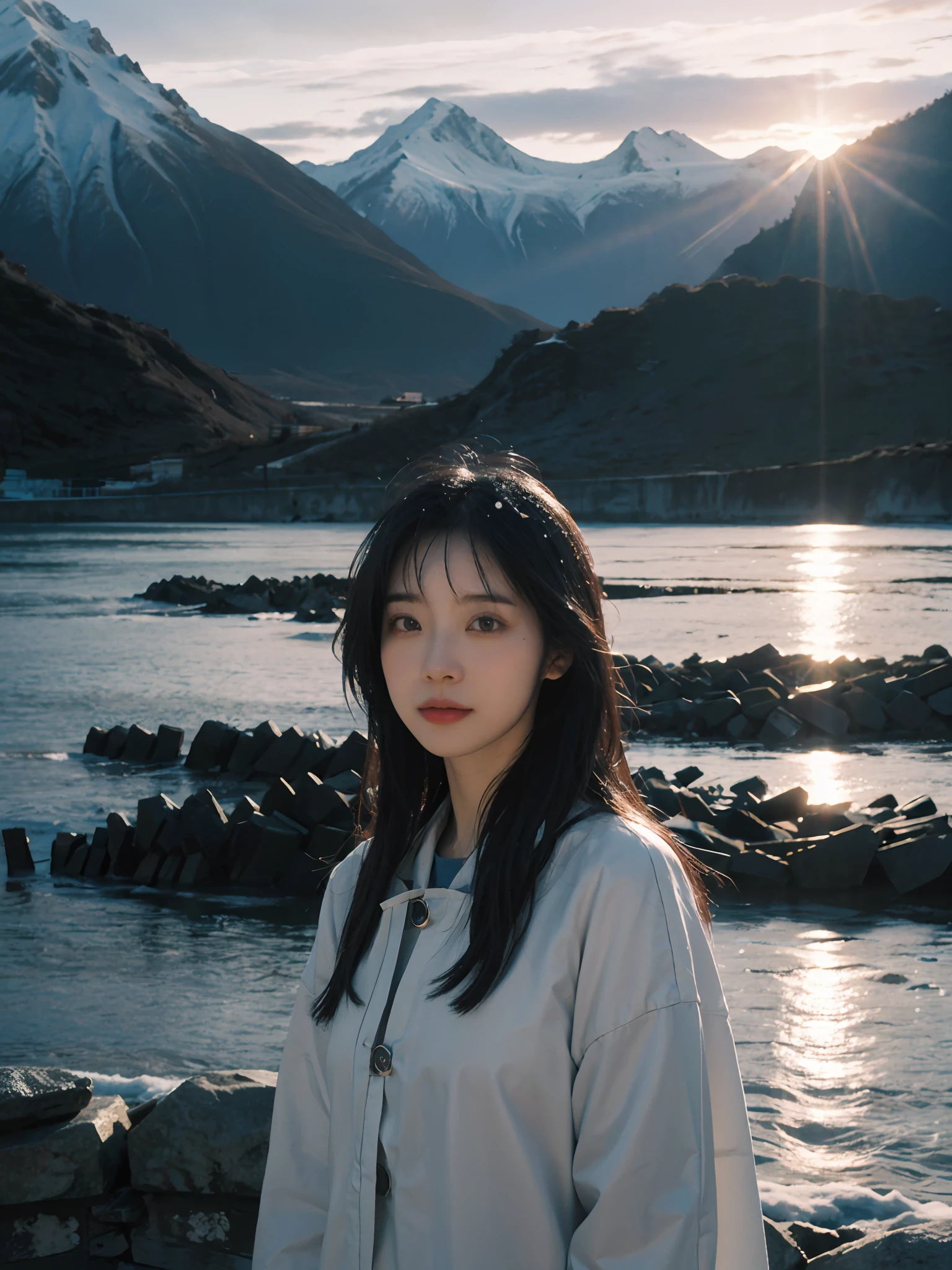 best quality,masterpiece,1girl of a Imaginative Macanese Female Page,Crude hair,at Sunrise, snow mountain, Cel shaded,anaglyph effect,ultra high res,Extremely Detailed Official Unity 8K Wallpapers,ultra high res,ultra high quality,The background is the sea,