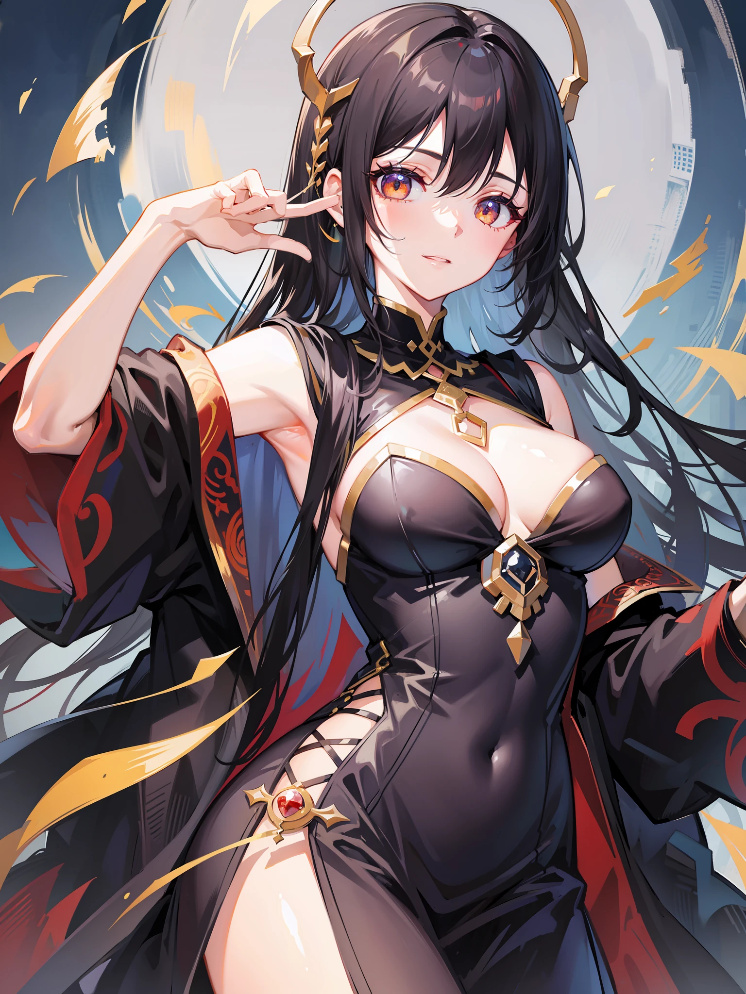 Black hair, eyeball, amber eyes, fingersmile, anime style, UHD, masterpiece, modern dress, bust
