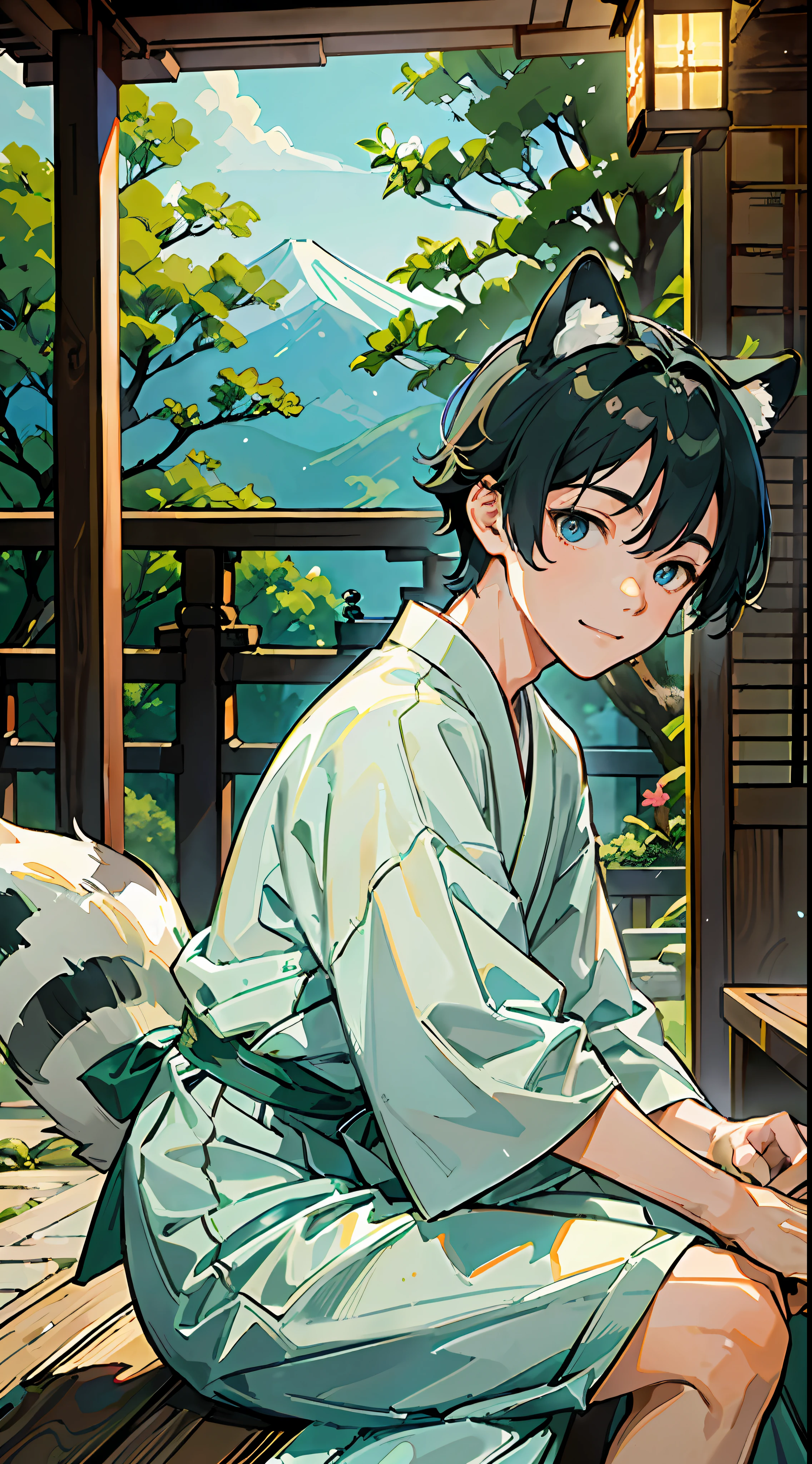((Masterpiece: 1.4, best quality)), one boy, green and short hair and eyes, (Japan priesthood, white and light blue hakama: 1.3), gentle smile, raccoon dog ears and tail, sitting on the porch and drinking tea, the background is a temple in Kyoto.