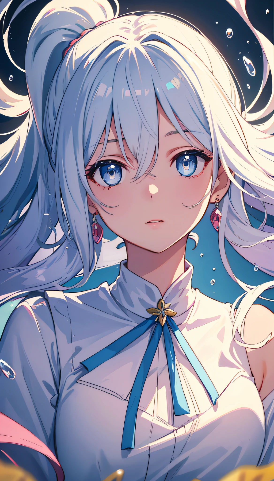 Artwork, 8k! animated illustrations, masterpieces, highly detailed 8k CG unit wallpapers, bright incredible colors, white hair, wearing a simple sensual blouse, almost transparent, her gaze is focused on the viewer, the background of the beautiful room landscape, the calm soft and simple light on the face of a beautiful girl. (Masterpiece), (Best Quality), (Super Detail), (disheveled Hair), (Illustration), (One Girl), (Fashionable Clothes), Standing, Fashion Model, Beholder, (Interview), (Simple Background), Finely Beautiful Eyes, Delicate Beautiful Face, Floating, (High Saturation), (Colorful Water Splash), Colorful Bubble, (Shine), Focus on Face, Ponytail, Ayaka Kamisato, light blue hair, bangs, hair rings, floating flowers, floating hairs, (shining), best lighting, best shadows,